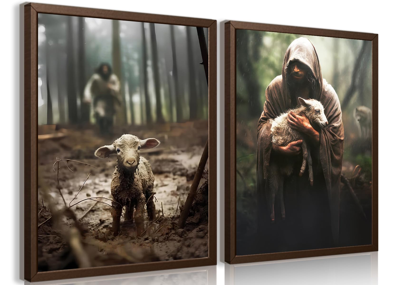 2Pcs Jesus And Lamb Canvas Wall Art Jesus Save Lost Lamb Posters Prints Vintage Christian Pictures Wall Decor For Bedroom Modern