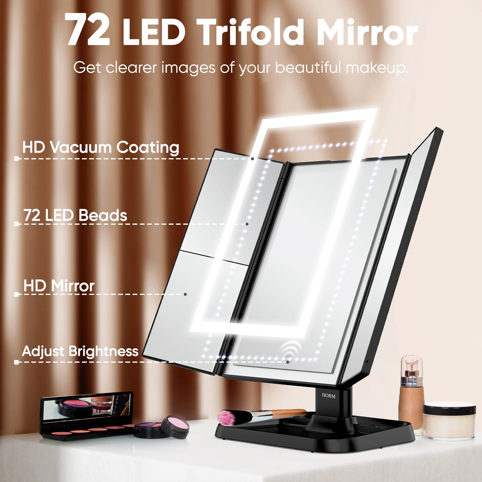 Trifold Makeup Vanity Mirror With Lights - 3 Color Lighting Modes 72 Led, Touch Control Design, 1X/2X/3X Magnification, Portable
