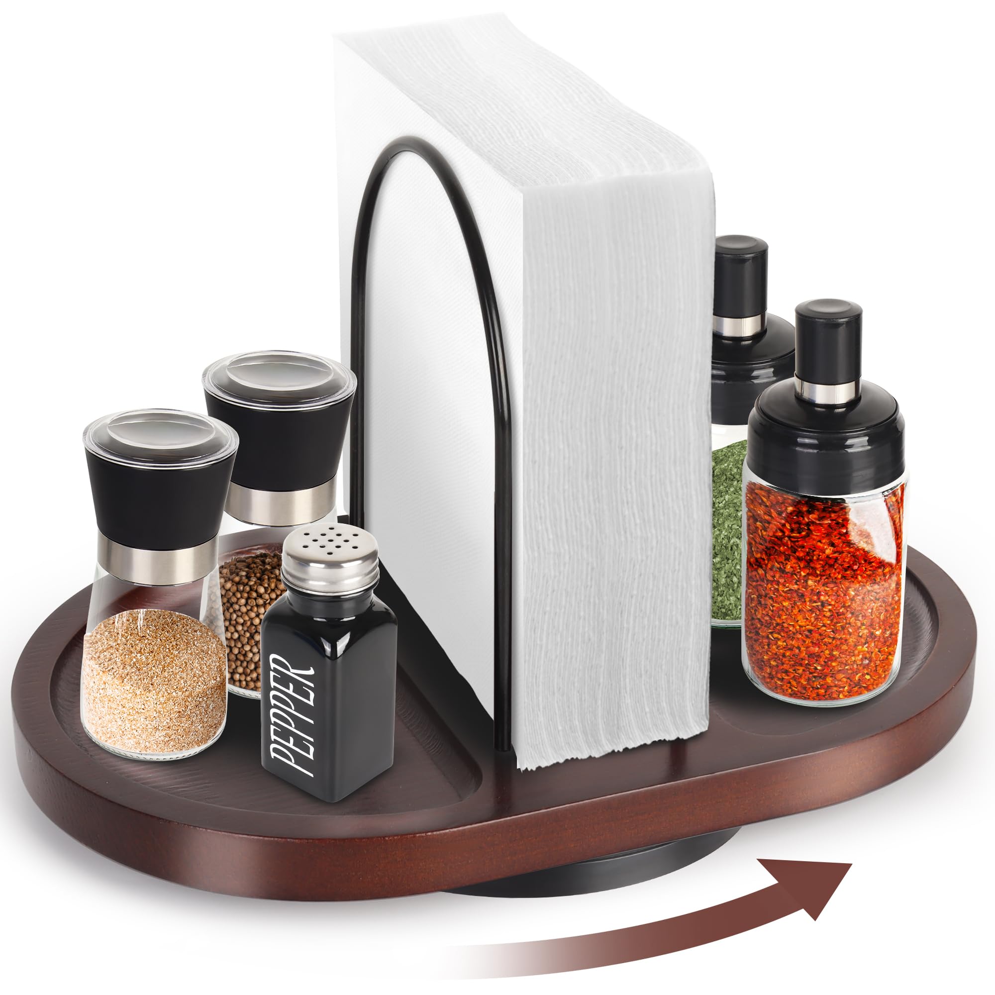 Primo Lines Walnut Rotating Napkin Holder with Salt & Pepper Shaker Storage