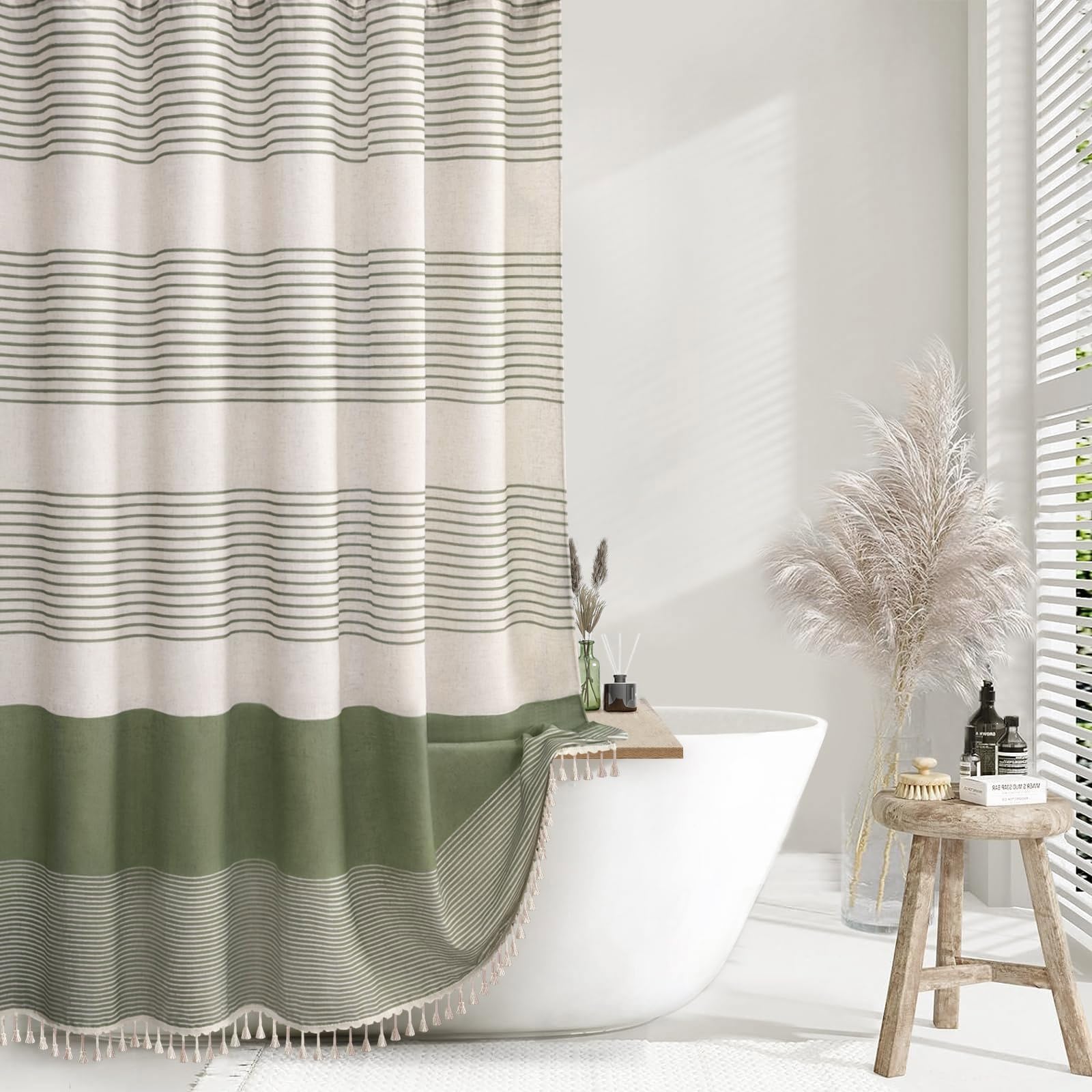 Nddycu Linen Texture Shower Curtains For Bathroom Sage Green Boho Natural Striped Shower Curtain With Tassel 72W X 78L
