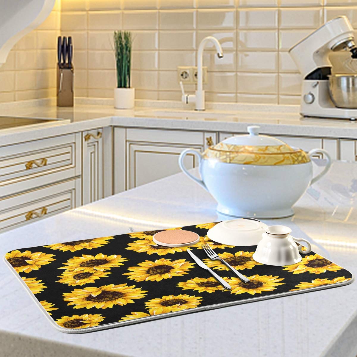 Sunflower Black Dish Drying Mat For Kitchen, Absorbent Microfiber Drying Pad Dish Mat, 16'' X 18''