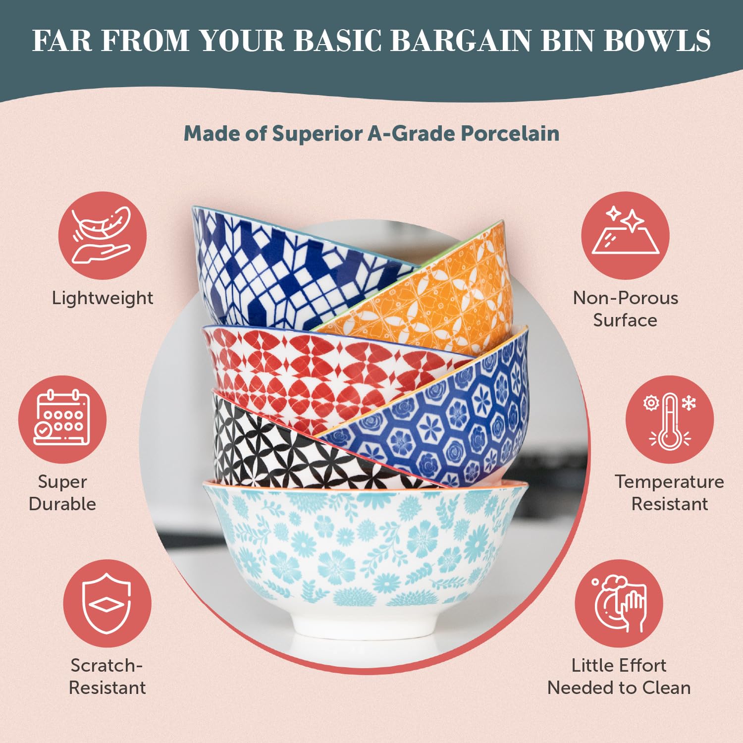 Annovero 23 Oz Bowls | Deep Cereal Bowls Set Of 6 | Colorful Porcelain Bowls For Serving Breakfast, Dinner, Or Small Dish Of Sou