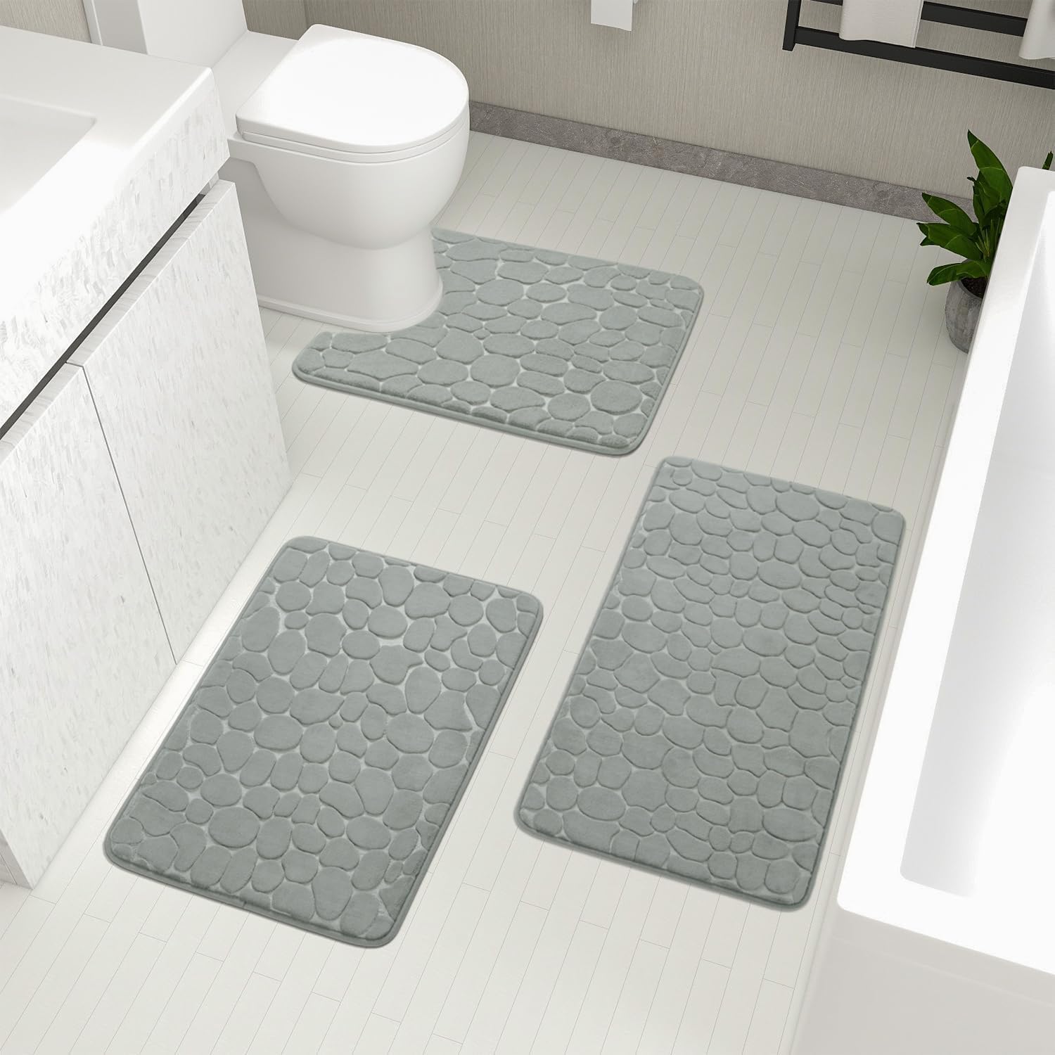 Yihouse Bathroom Rugs Sets 3 Piece, Cobblestone Memory Foam Bathroom Mats Set Extra Thick, Non Slip Bath Mats For Bathroom, Wate