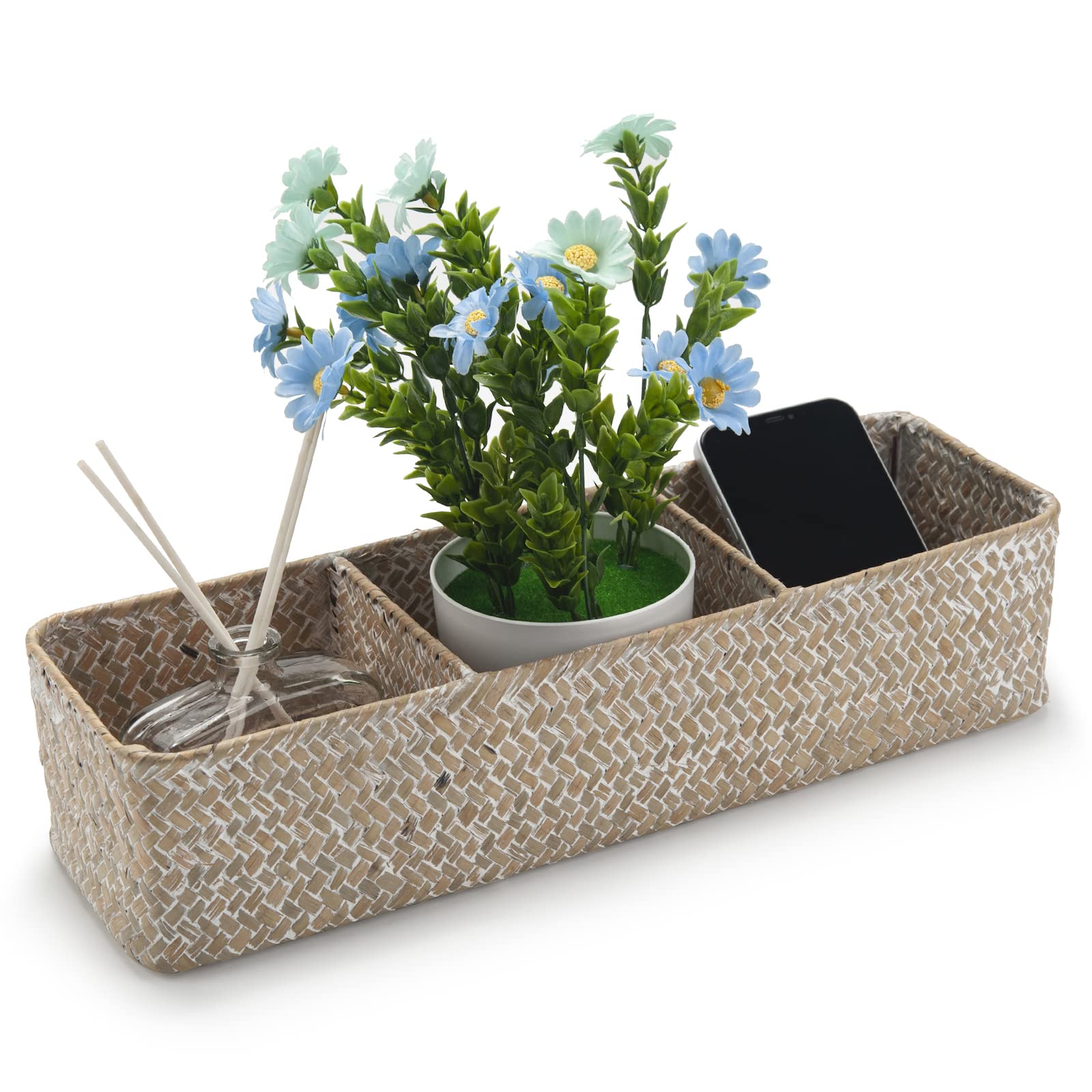 Seagrass Storage Basket 3 Sections Woven Shelf Baskets With Compartment (Whitewash, 14.6Inch X 4.7Inch X 3.1Inch)