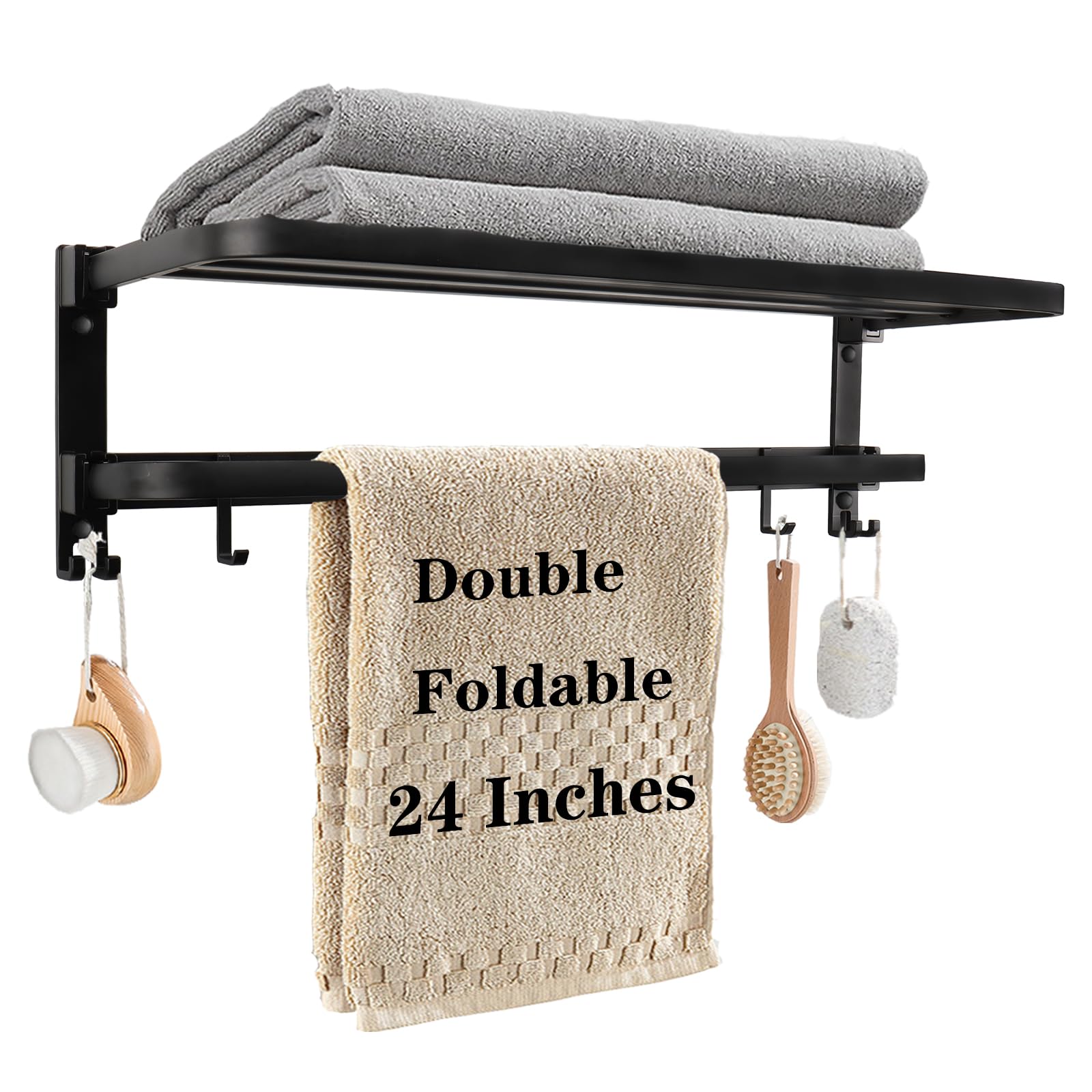 Vanloory Towel Racks For Bathroom, Foldable Towel Shelf With Towel Bar & 7 Towel Hooks, Rustproof Double Bath Towel Holder Wall