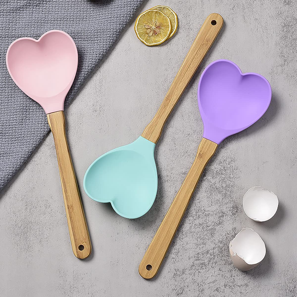 Heart Shaped Silicon Wood Spoon Cooking, Serving, Stirring, Mixing Kitchen Utensil,Meaningful Kitchen Gift Idea, Made With Love,