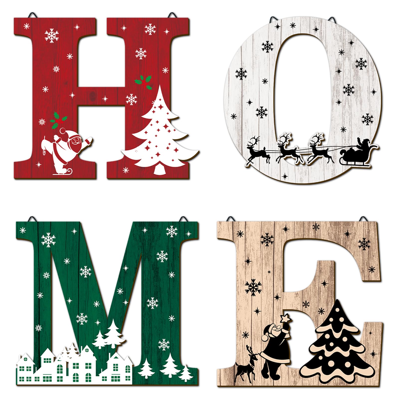 4 Pcs Wood Home Christmas Wall Decor - Red and Black Buffalo Plaid Rustic Sign for Living Room Kitchen Bedroom - Hanging Letters