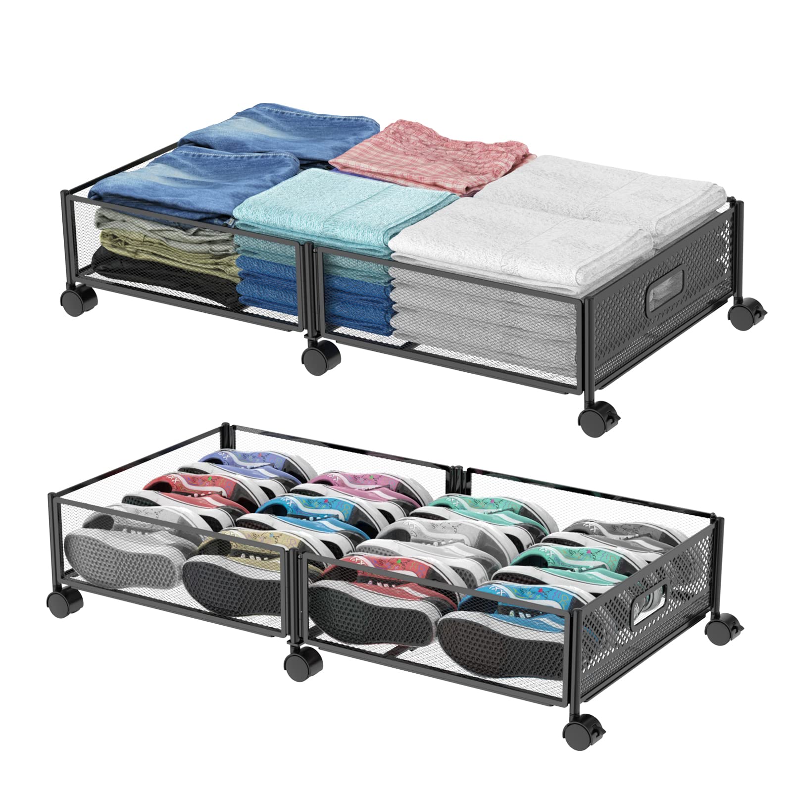 Under Bed Storage, Upgraded 31.5 inch Large Rolling Under Bed Storage with Wheels, Metal Foldable Under Bed Drawers Organizer,To