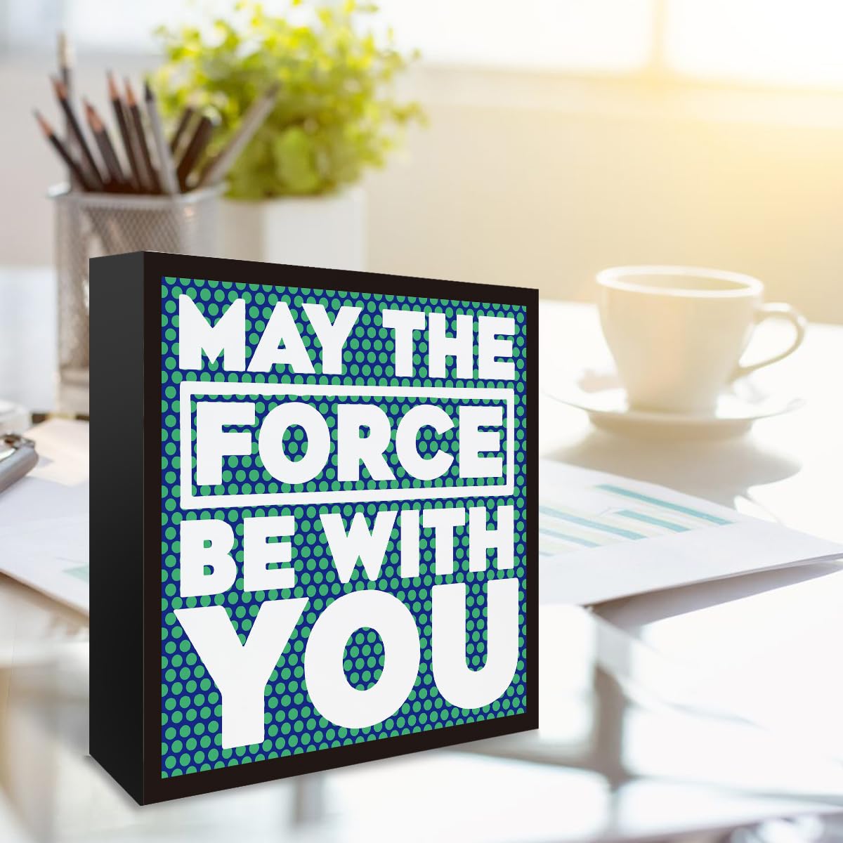Funny Office Decor May The Force BE with You Wooden Box Sign Home Office Desk Decor for Men Women, Office Shelf Cubicle Table Wa
