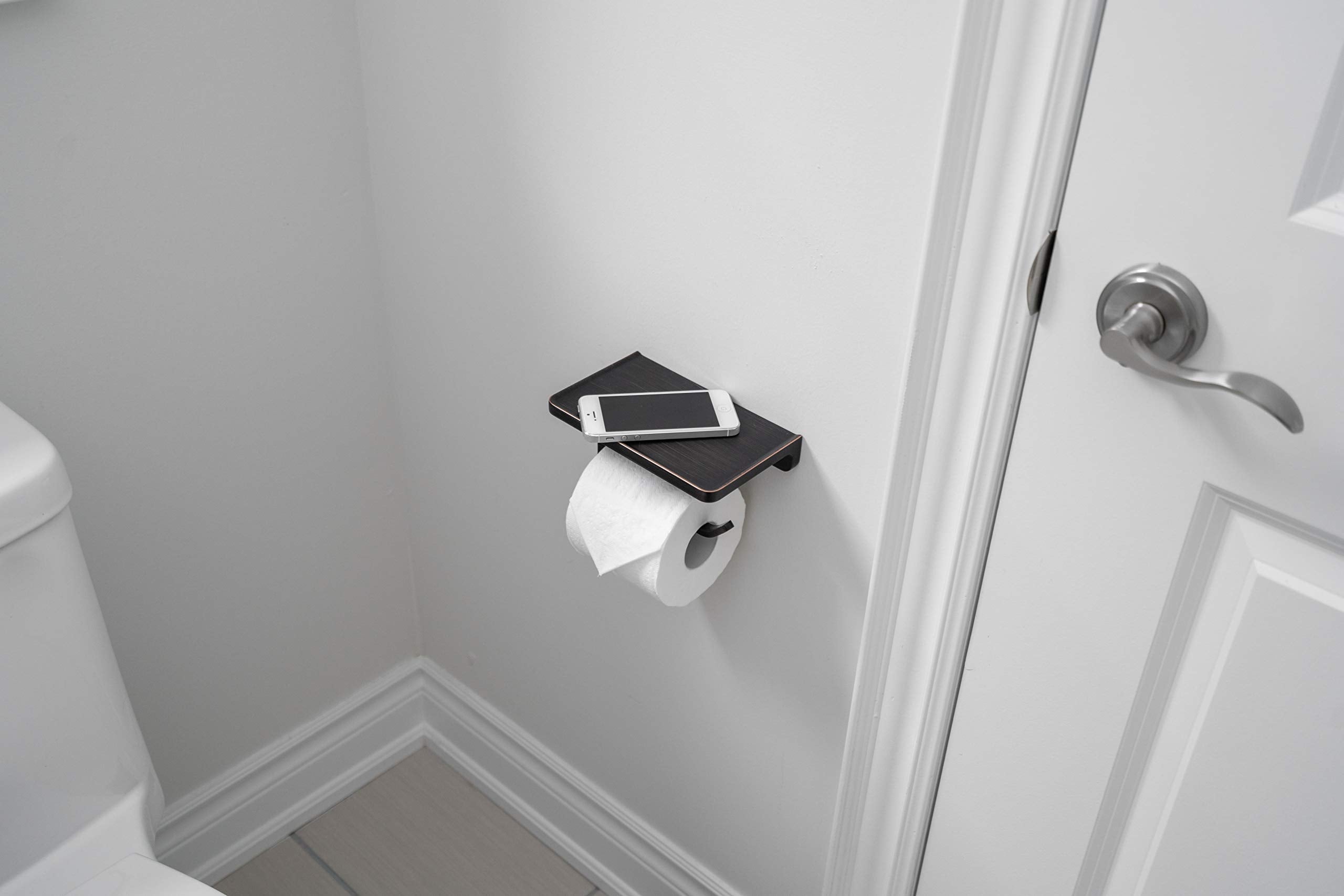 Linkaa Toilet Paper Holder with Shelf Oil Rub Bronze Wall Mount Bathroom Decor Phone Holder Rust-Proof Aluminum Matte Finish Bathroom Accessories Storage Shelf for Phone  Inc. (Oil Rubbed Bronze)