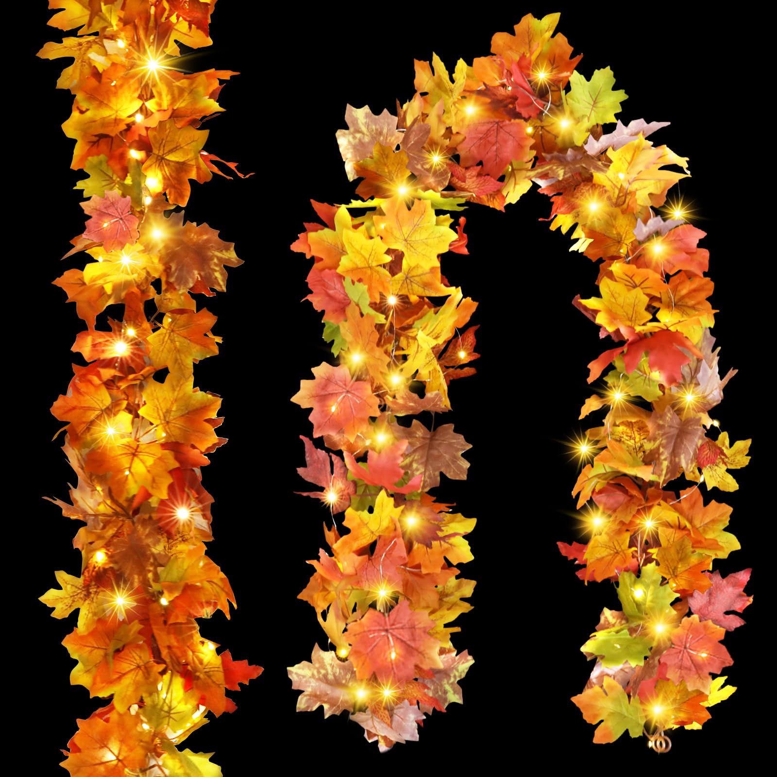 2PCS Fall Garland with Light, Fall Leaves Decor Garland Lights 40 LED Artificial Fall Leaves Autumn Garland Halloween Decoration