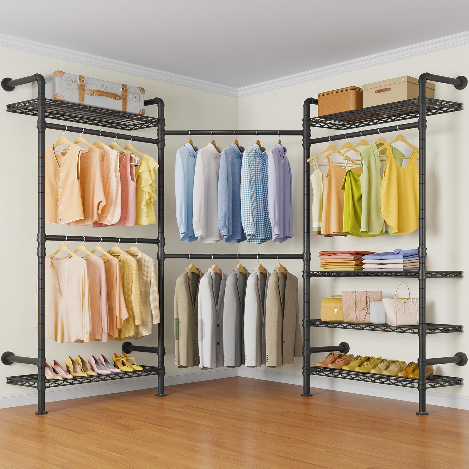 Timate L3 L Shape Garment Rack Heavy Duty Clothes Rack For Hanging Clothes, Expandable Industrial Pipe Wall Mounted Clothing Rac