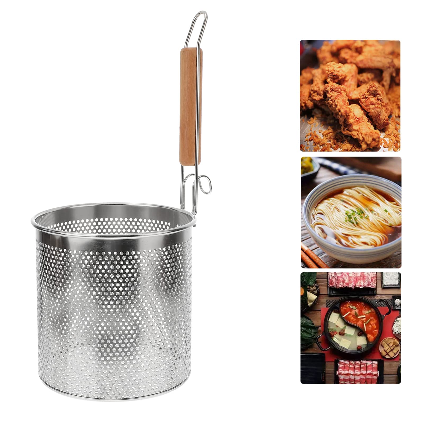 Angoily Mesh Pasta Basket Food Strainer Hot Pot Colander With Round Wooden Handle Stainless Steel Mesh Spider Strainer For Pasta