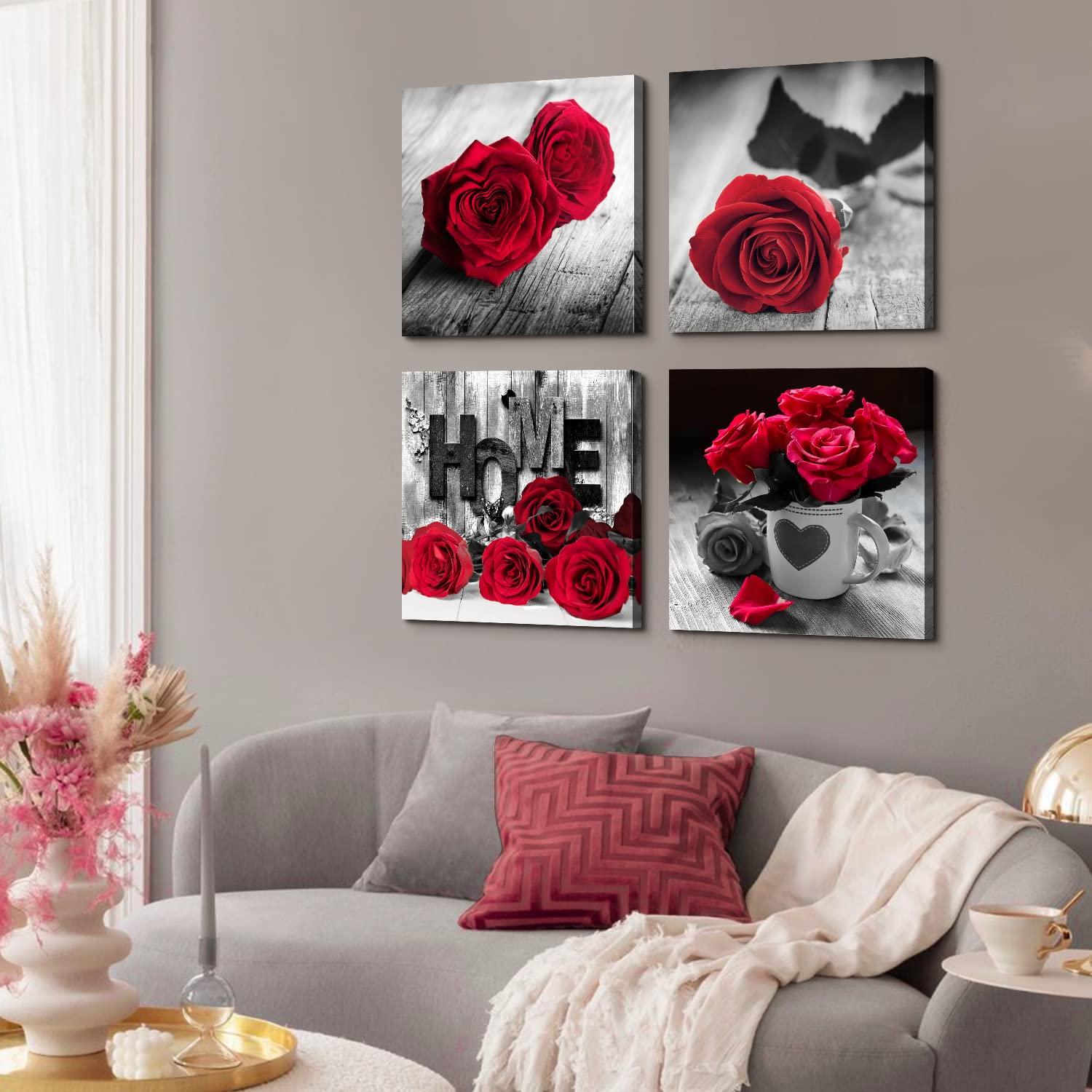 Red Flower Canvas Wall Art For Girls Bedroom Rustic Rose Floral Pictures Bathroom Wall Decor Retro Romantic Blossom Bouquet Pain