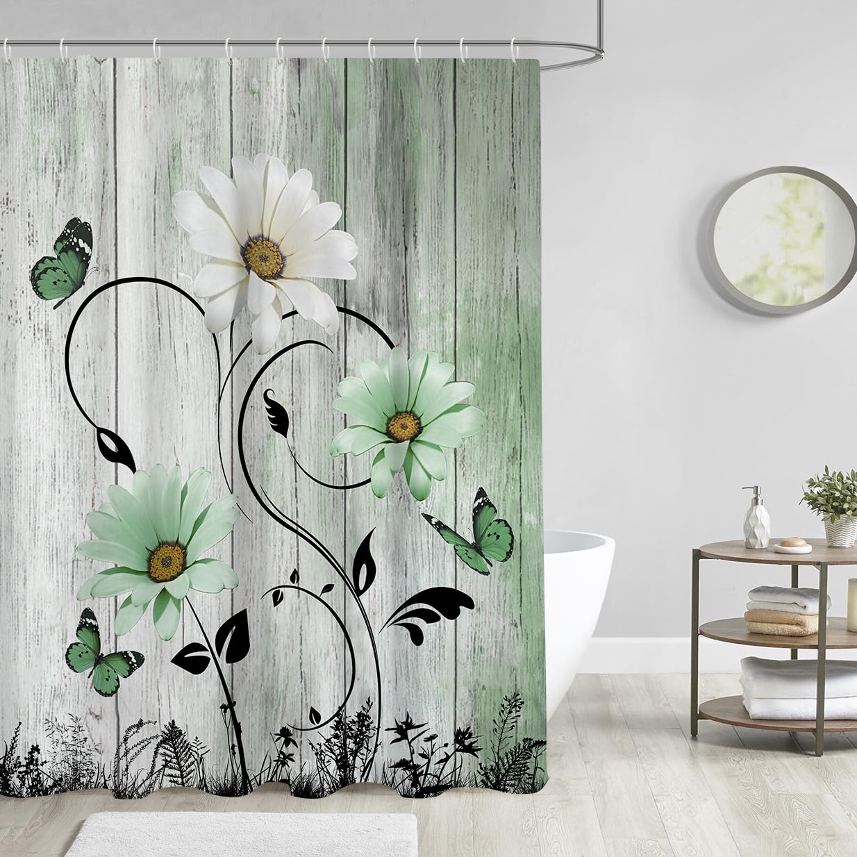 Aatter Green Floral Shower Curtain Rustic Flower Country White Daisy Butterfly Sage Mint Black Boho Bright Pretty Polyester Home