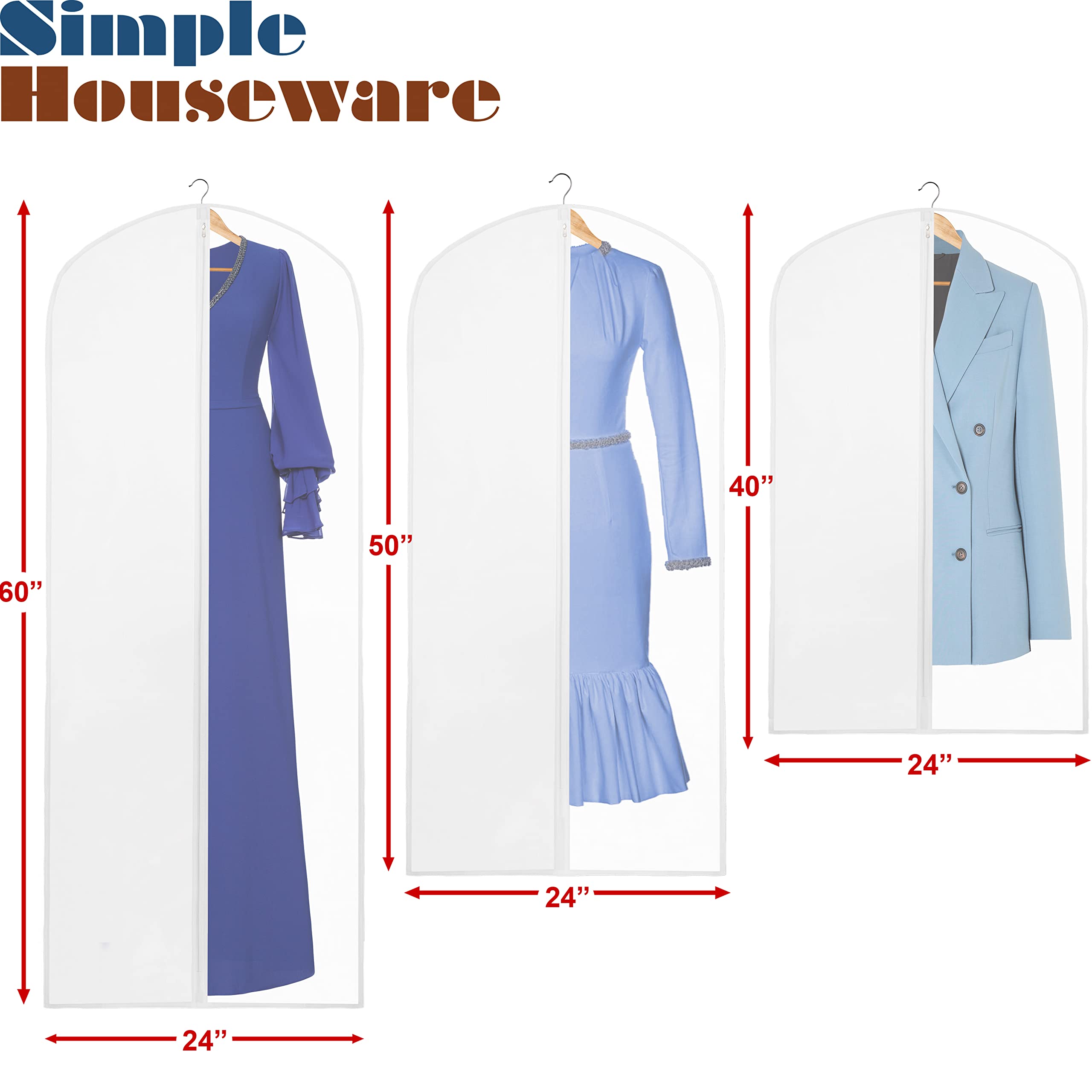 Simple Houseware 40/50/60-Inch Translucent Garment Bags With Zipper For Suits, Dresses, Costumes, Uniforms - 10 Pack