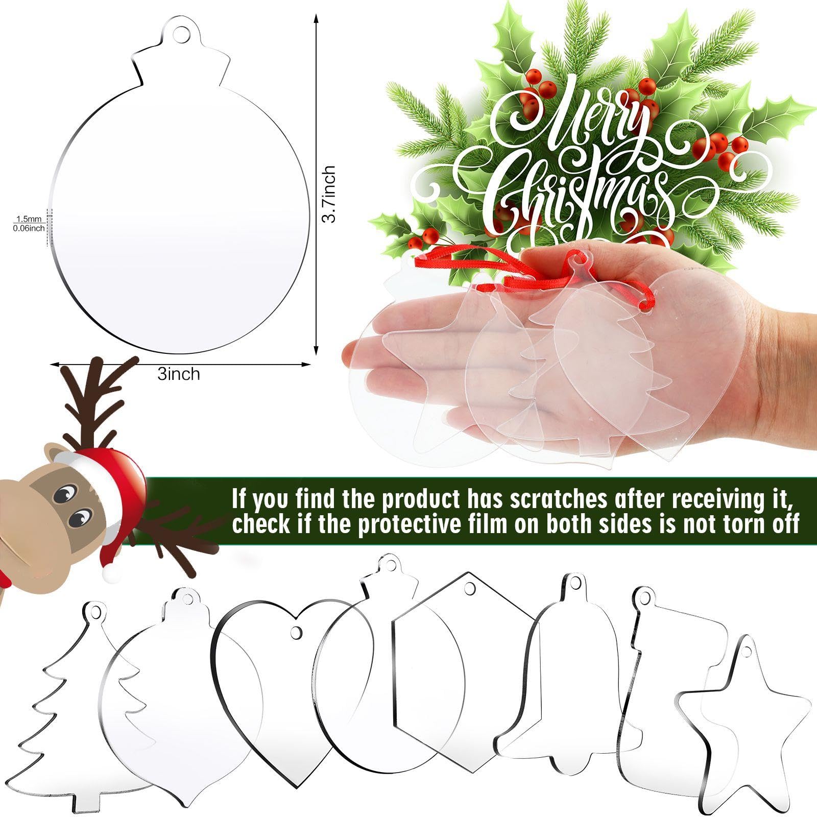 48 Pieces Acrylic Christmas Ornament Blank Christmas Tree Decorations Hanging Heart Bell Star Acrylic Xmas Decorations for Xmas