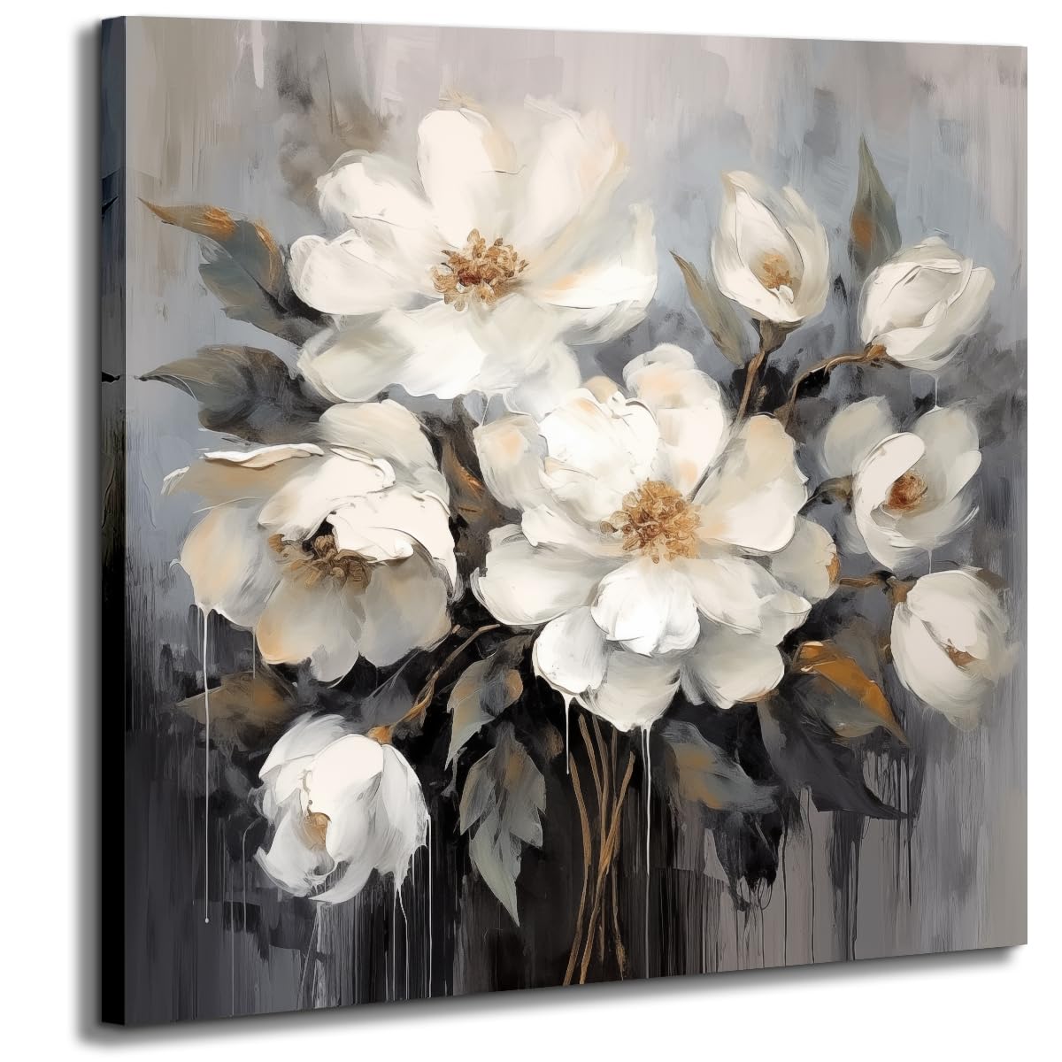 Anzhongart Bathroom Wall Art,Flower Wall Art,Canvas Wall Art,Big Wall Art Gray And White And Blue Flower Wall Art-Floral Canvas 