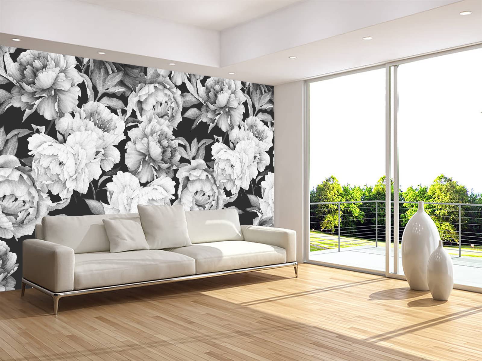 Mfwfm Black And White Peonies Wallpaper Watercolor Floral Mural Wallpaper For Bedroom Living Room (Not Peel N' Stick)