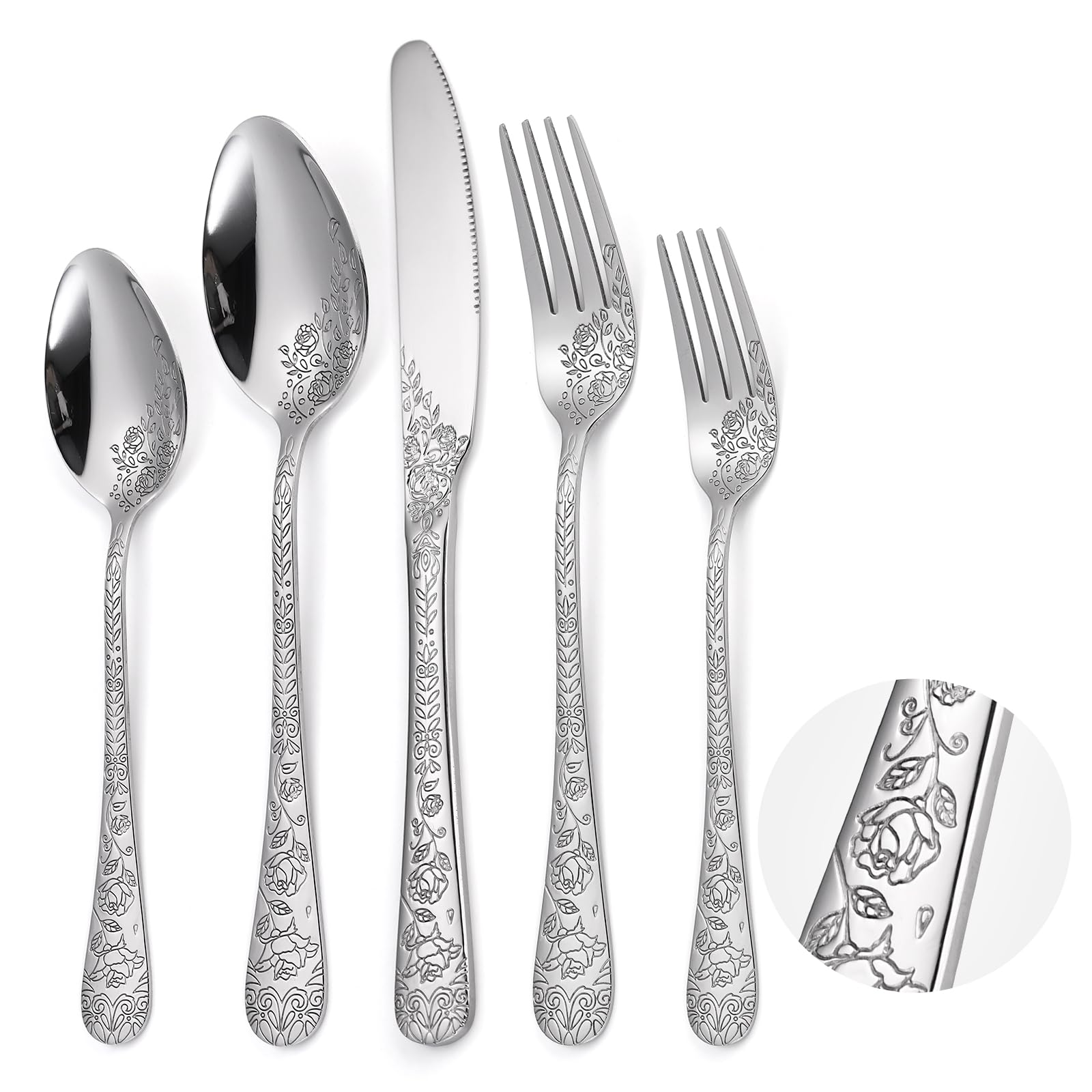 A  Houseware Floral Silverware Set 6 Silvery Flatware Stainless Steel With Delicate Engraved Rose Flower Embossed Design Complet