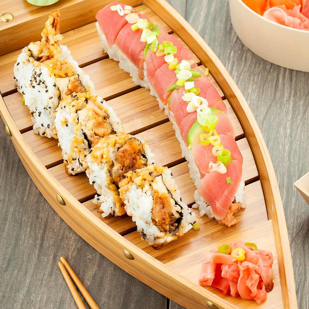 Restaurantware 17.3 Inch Sushi Boat Serving Tray 1 Durable Sushi Boat - Sturdy Easy To Clean Bamboo Sushi Wooden Boat Large For