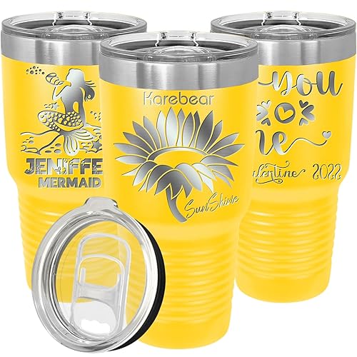 Personalized Tumblers with Lids and Straws Sunflower Engraved in USA by iProductsUS 30oz Vacuum Insulated Travel Coffee Mugs Stainless Steel Double Wall Thermos Customized Cups(Yellow 18-Designs)