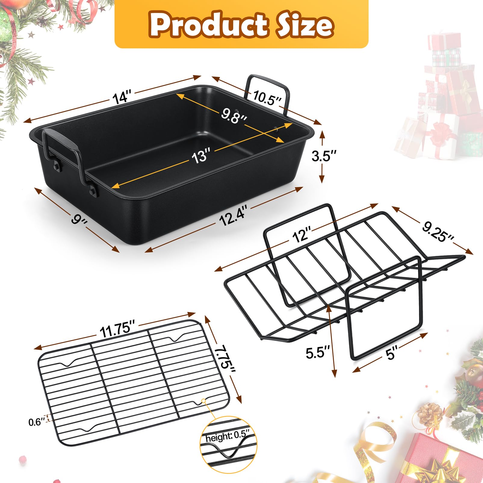 Teamfar Roasting Pan, 14Inch Coated Turkey Roaster Lasagna Pan With V-Shaped Rack & Flat Rack, Non-Stick Coating & Stainless Ste