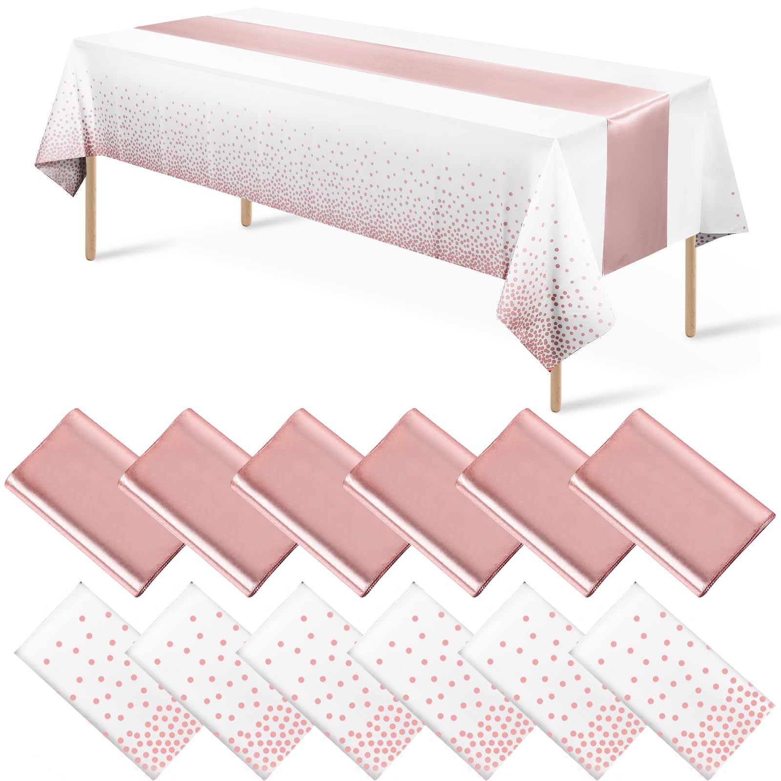 12 Pack Disposable Plastic Tablecloths and Satin Table Runner Set White and Rose Gold Dot Tablecloth Rose Gold Satin Table Runne