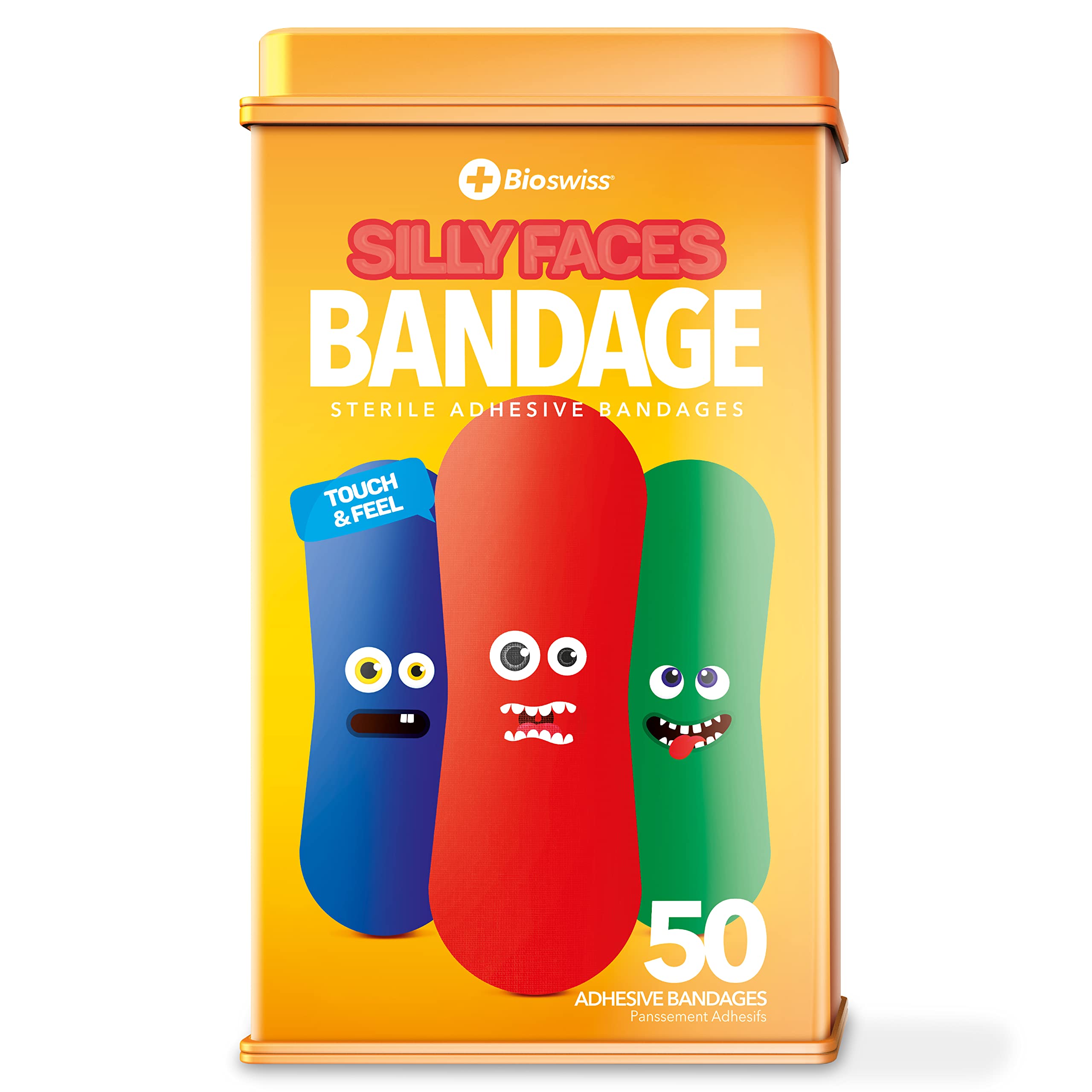 Bioswiss Silly Faces Shaped Bandages First Aid Latex Free Adhesive Bandage For Kids And Adults, First Aid Tin, 50 Pack