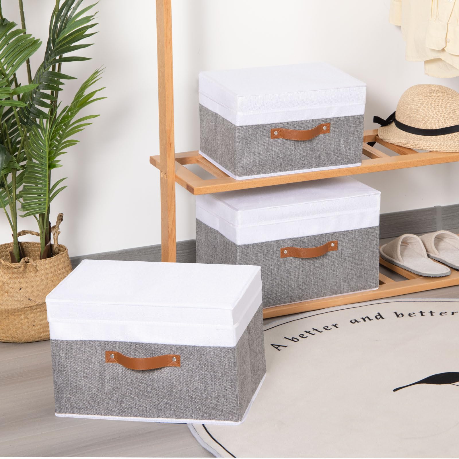 Yheenlf Fabric Storage Boxes With Lids, Linen Foldable Cloth Baskets, 17.7 X 11.8 X 11.8 Inch Closet Organizer Containers With D