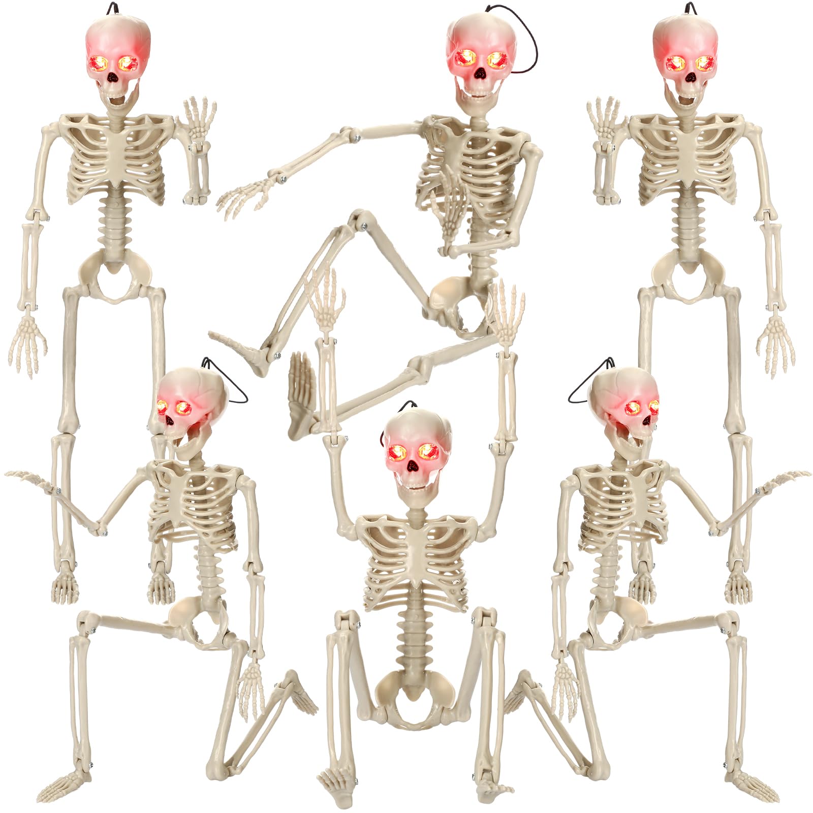 Burbell 16pcs Halloween Skeleton Full Body Posable 16 Small Size Skeleton with LED Glowing Eyes Creepy Sound Realistic Plastic S