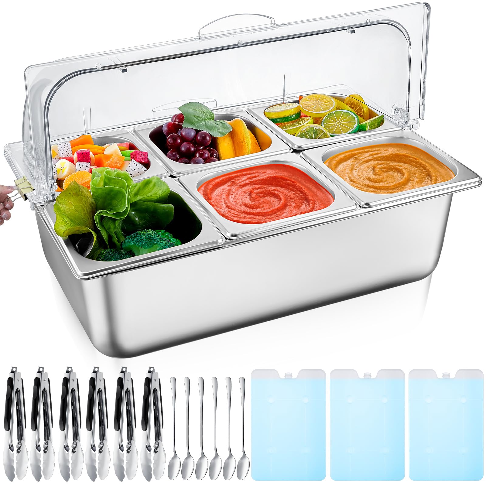 Condiment Tray Stainless Steel Serving Display Set with Lid for Buffet Restaurant Kitchen, Food Chilled Container for Salad Frui