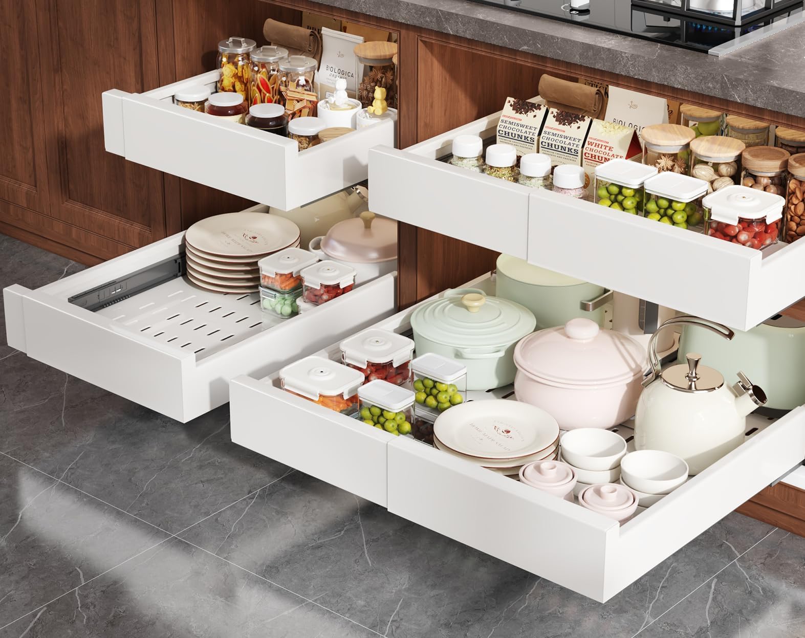 Seinloes Pull Out Cabinet Organizer,4Side Expandable to Maximize Cabinet Space,Slide Out Drawers with 3 Rail Design,Roll Out Sh