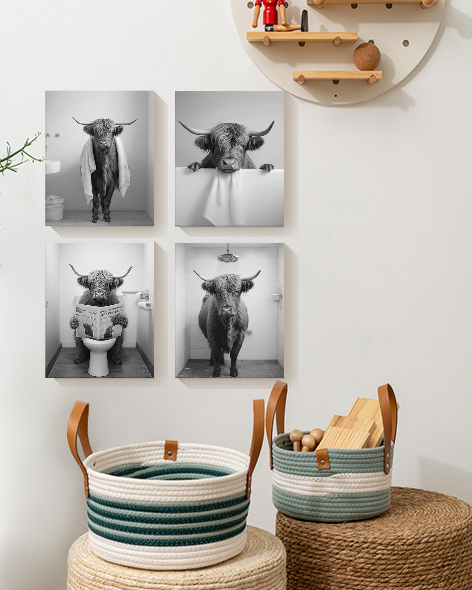 Funny Highland Cow Bathroom Wall Art Framed Black And White Rustic Cute Bathroom Canvas Prints For Bathroom Restroom Decor 12X16