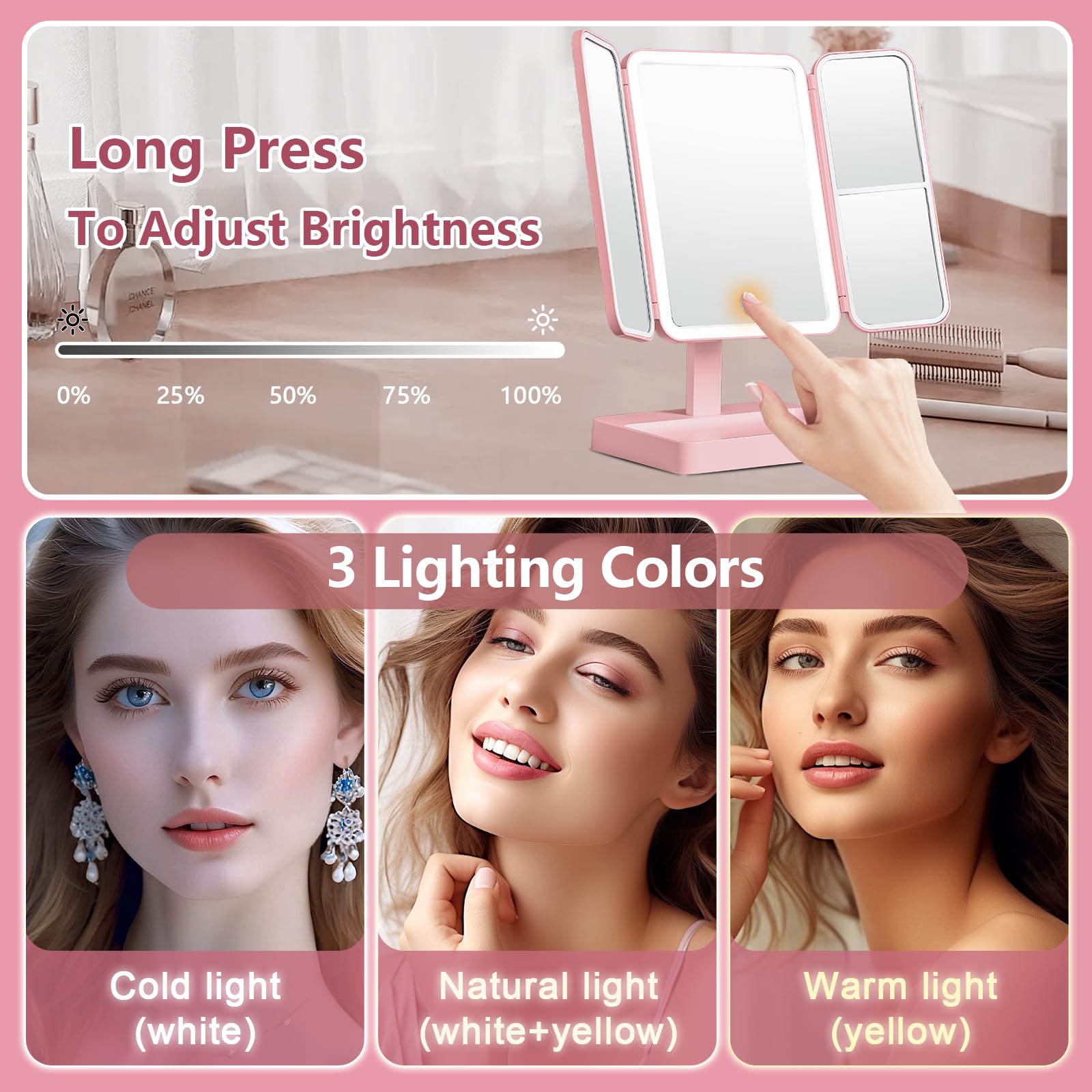 Makeup Mirror Vanity Mirror With Lights, 83 Leds, 360-Degree Uniform Fill Light, 3-Color Lighting, Touch Control, Trifold Makeup