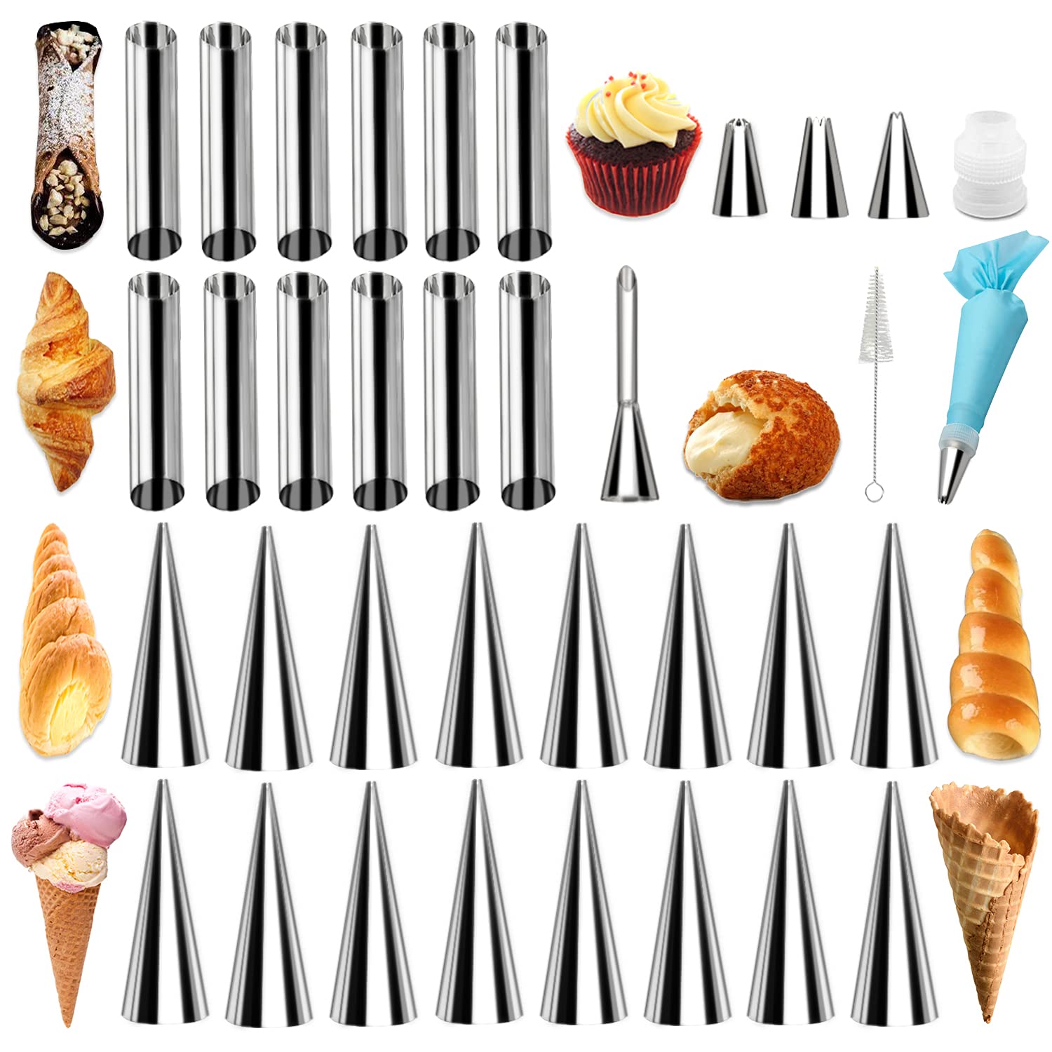 Cakeoo 35Pcs Cannoli Forms Tubes Kits, Cream Horn Mold, Non-Stick Stainless Steel 16Pcs Cone Shaped And 12Pcs Tubular Shaped Bak