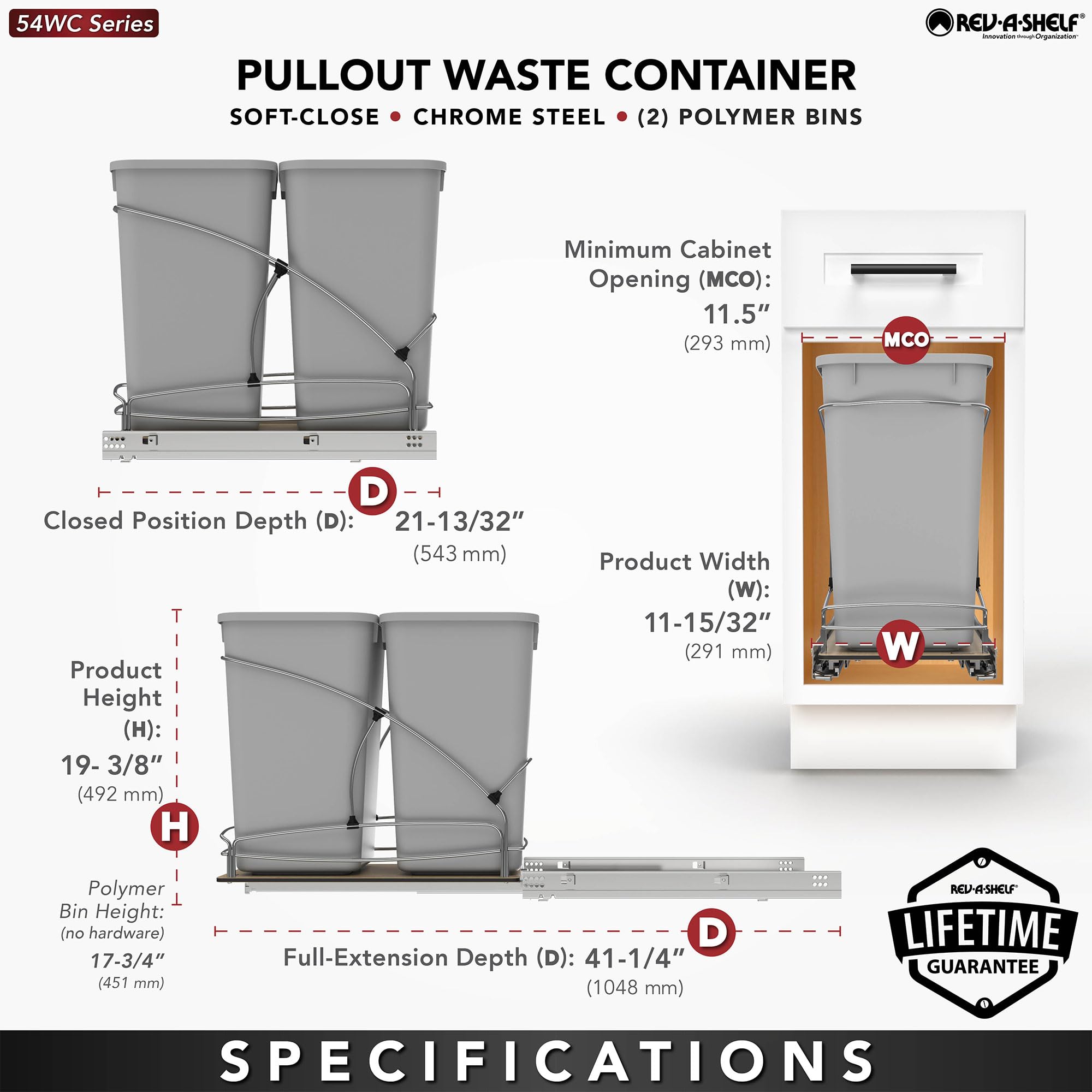 Rev-A-Shelf Steel Bottom Mount Double 27 Quart 6.75 Gallon Waste Bin Trash Container For Under Kitchen Cabinet With Soft Close,