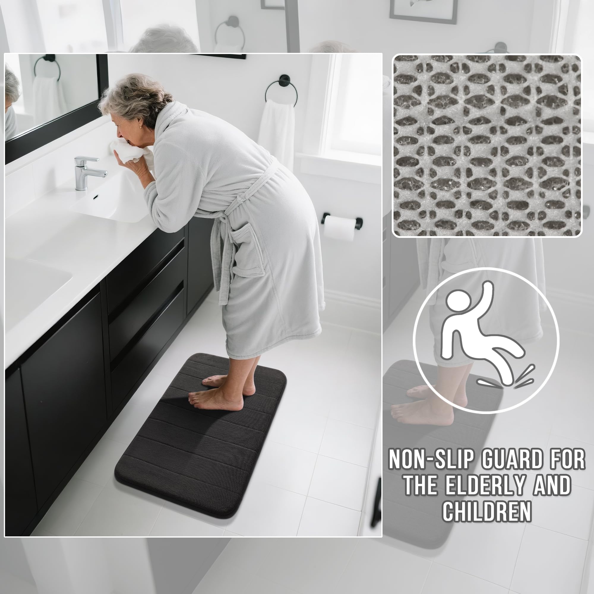 Yimobra 2 Pieces Memory Foam Bathroom Mat Set  Non Slip - Super Water Absorption Soft Bath Mats Rugs  Thick  Dry Fast  Machine Washable for Bathroom Floor Rug  17x24+31.5x19.8 Inches  Black