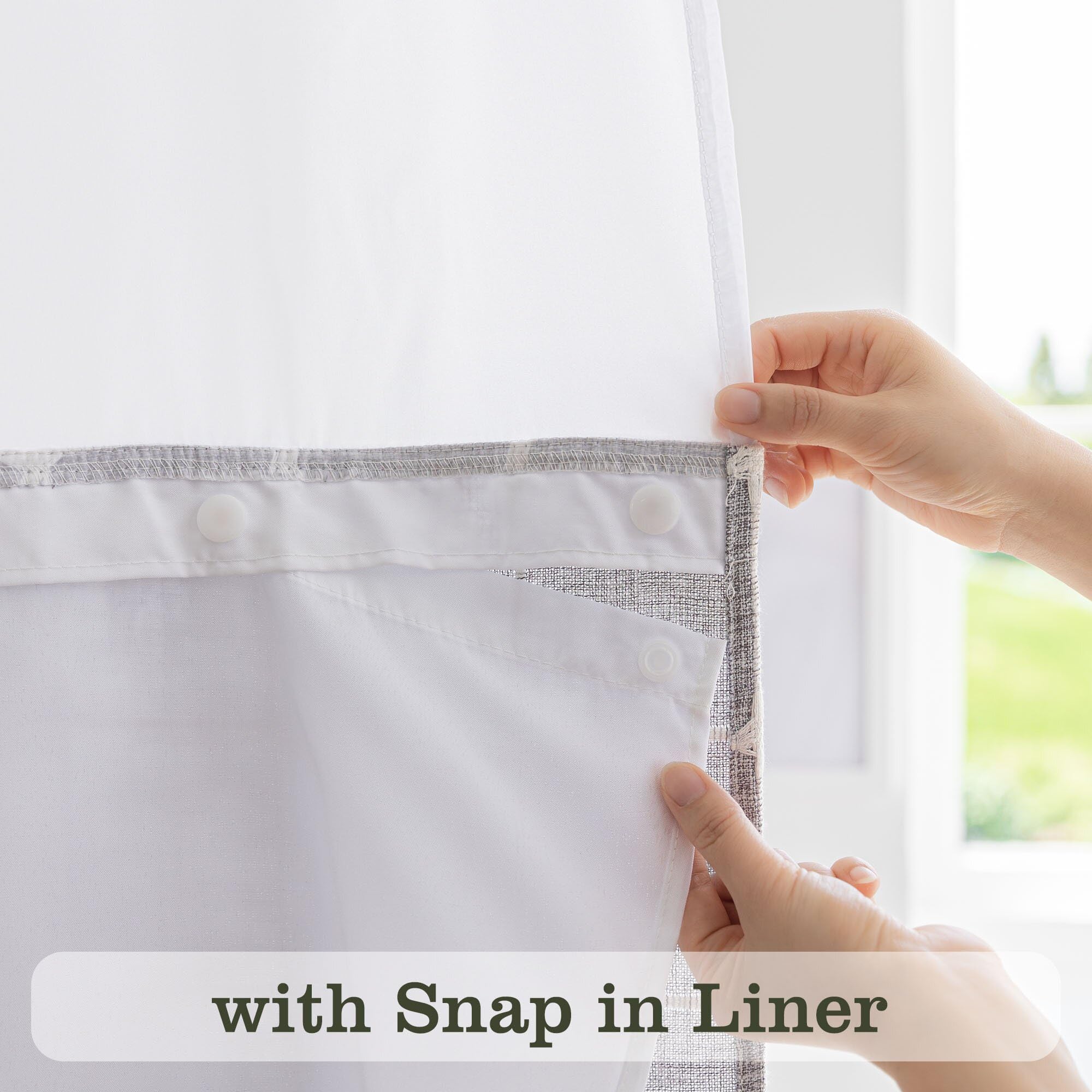 Farmhouse Shower Curtain With Snap-In Liner, No Hooks Needed Fabric Shower Curtains With Tassels For Rustic Bathroom Decor, With