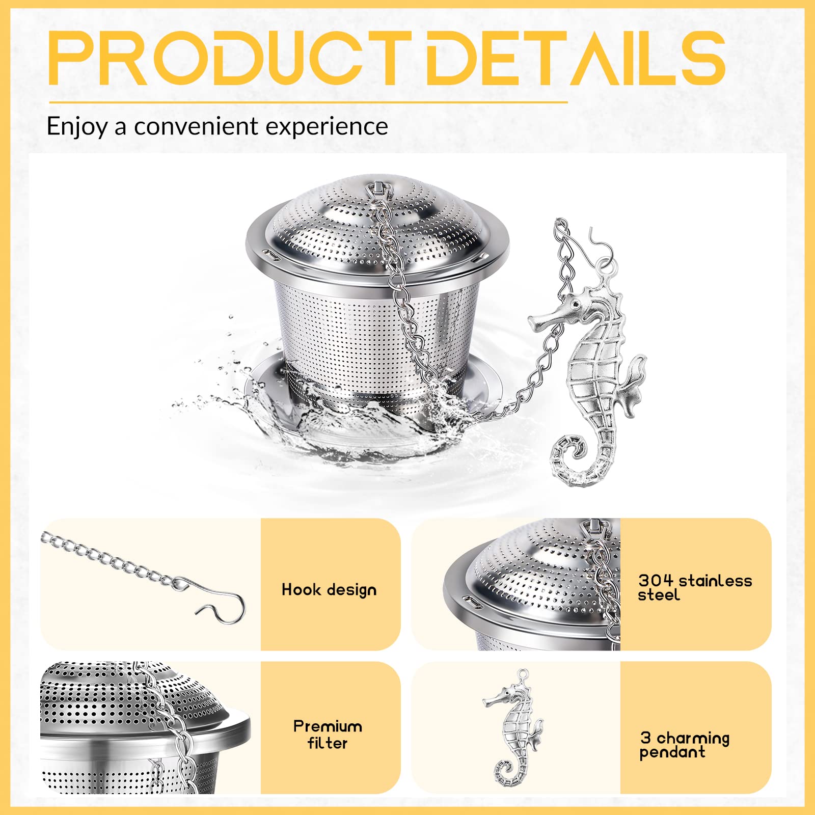 CHENGU Stainless Steel Tea Infusers for Loose Leaf Tea - 3 Sets with Drip Trays, Aquatic Creatures Style, Silver