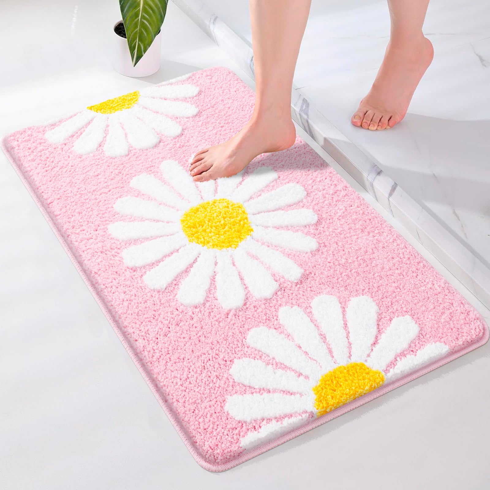 Sunhop Pink Bathroom Rugs, Cute Flower Daisy Bath Mat, Extra Soft And Absorbent Microfiber Non Slip Bath Rug, Bath Mats For Bath