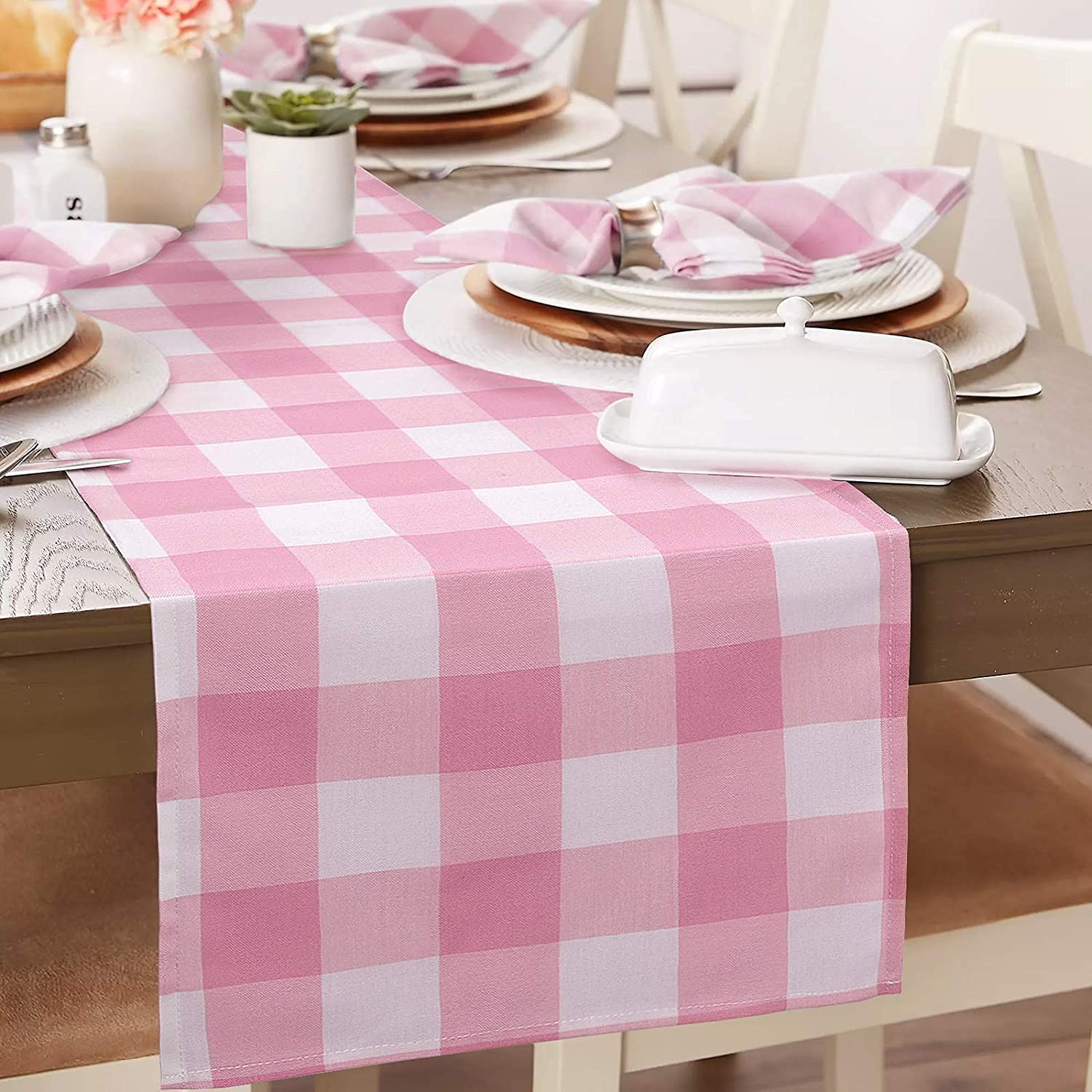 Ivarunner Pink&White Gingham Valentine'S Day Table Runner, Plaid Table Runner 72 Inches Long, Buffalo Check Dresser Runner Table