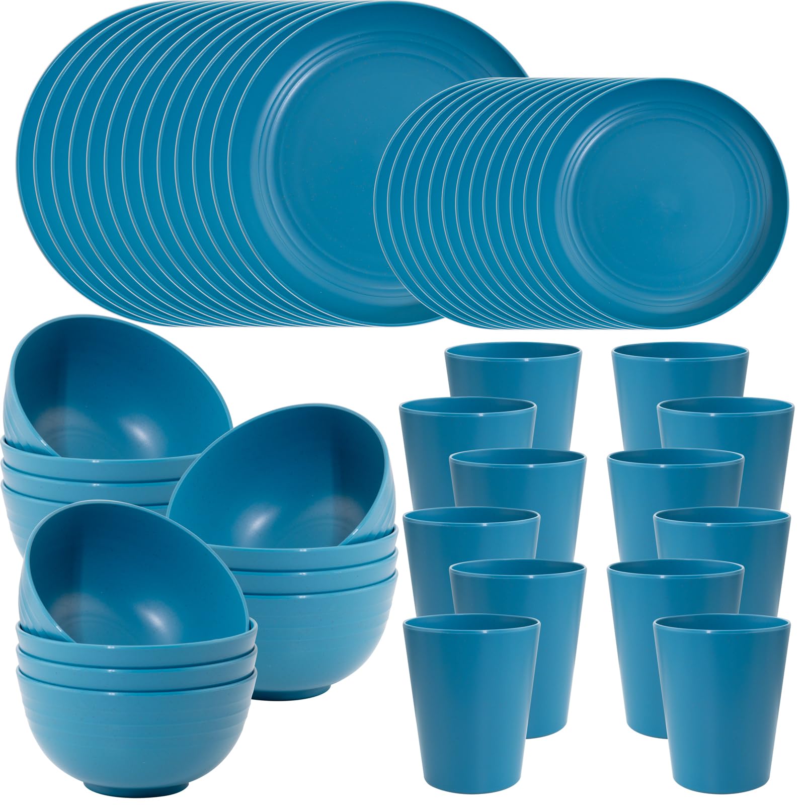 LIYH 48pcs Blue Wheat Straw Dinnerware, Plates and Bowls Set, Camping Dish Set for 12, Plastic Dinnerware Set, Dishwasher Safe D