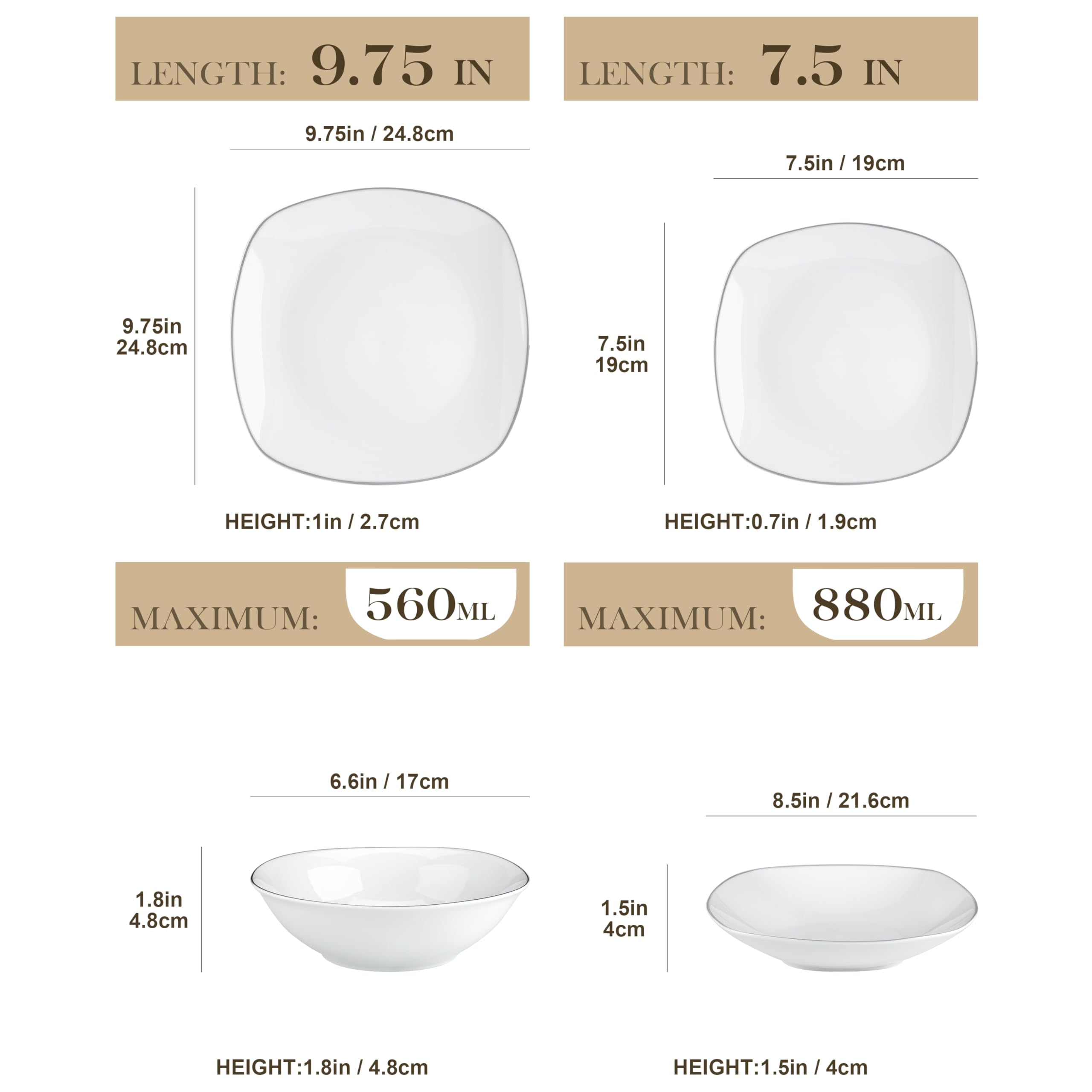 MALACASA Dinnerware Sets, 24-Piece Porcelain Square Dishes - White with Silver Rim, Modern Dish Set for 6 - Plates and Bowls Set