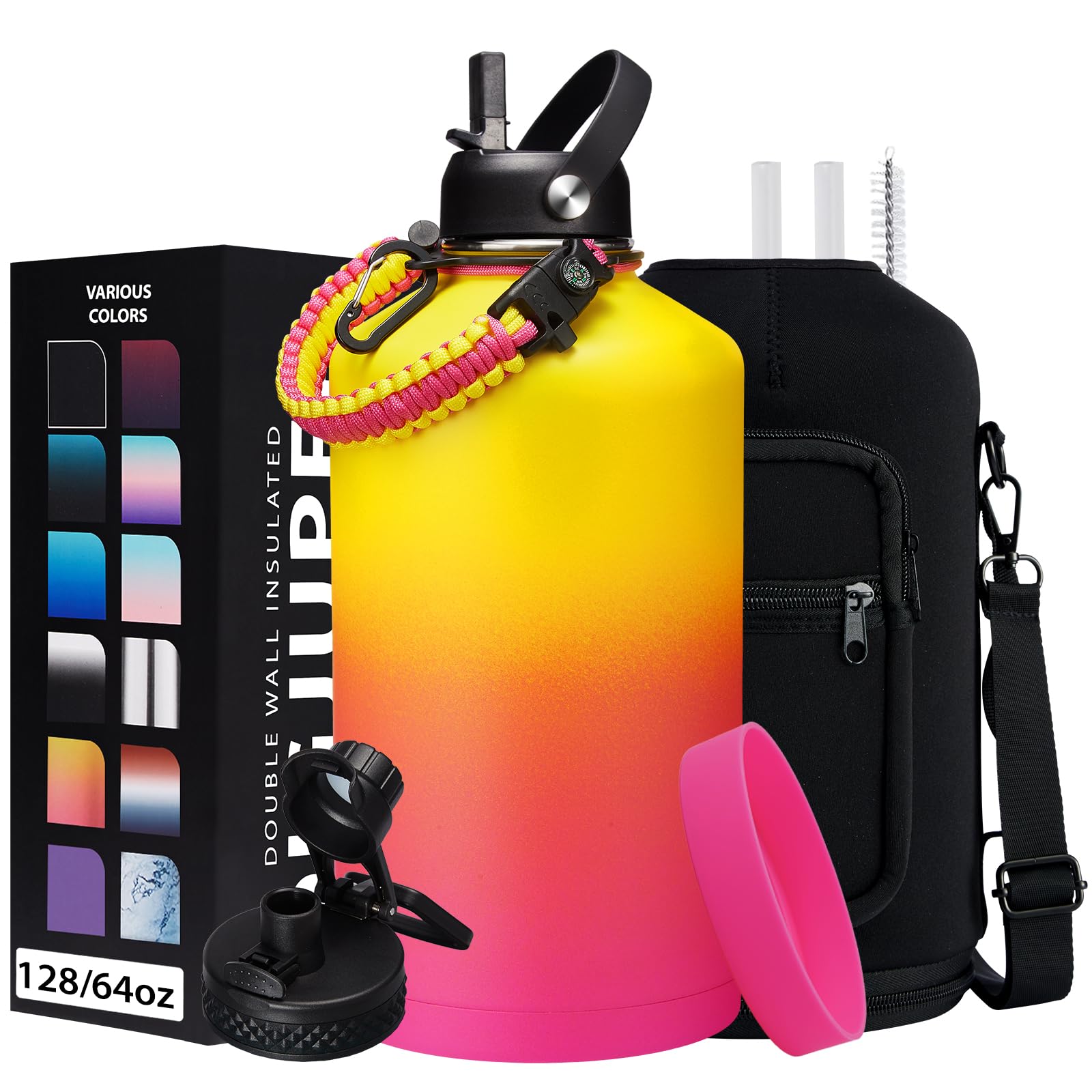 1 Gallon Insulated Water Bottle - with Straw & Auto Chug Lid, Paracord Handle, Bottle Sleeve, 128 oz Stainless Steel Water Bottl