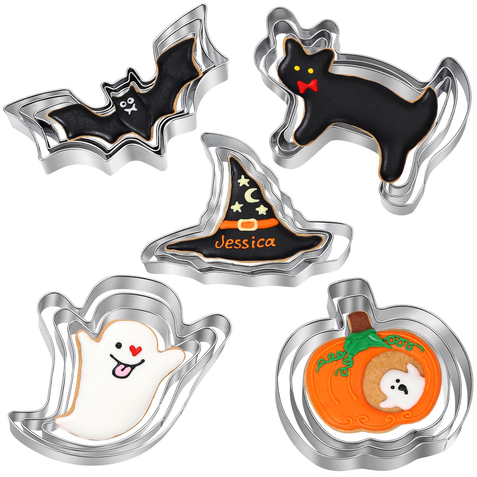 Halloween Cookie Cutters Set - 15 Pcs Stainless Steel Holiday Cookie Cutter with 5 Shapes - Pumpkin, Ghost, Bat, Cat and Witchs