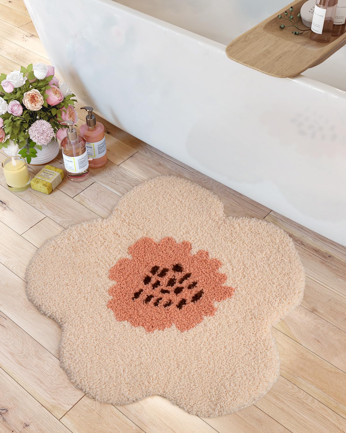 Lumi Cute Bath Mat, Pink Flower Rug, Soft Plush Fluffy Red Bath Mat, Absorbent, Non-Slip For Bathroom, Kitchen Sink, Bedroom, Ki