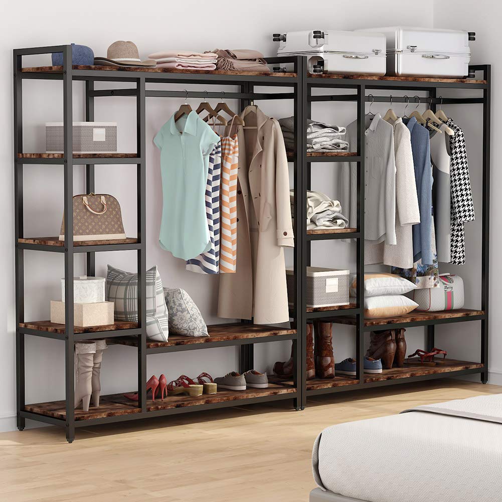 Little Tree Free-Standing Closet Organizer, Heavy Duty Clothes Closet, Portable Garment Rack With 6 Shelves And Hanging Rod, Bla