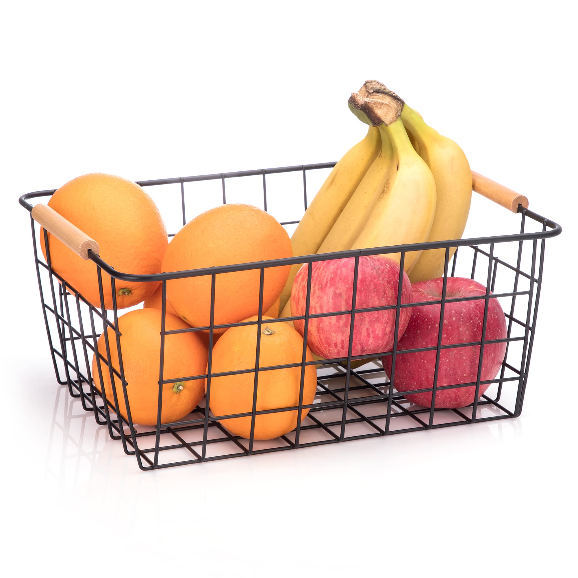 Hdyoudo Metal Wire Food Storage Basket Organizer With Wooden Handles For Organizing Kitchen Cabinets, 2 Packs-Black