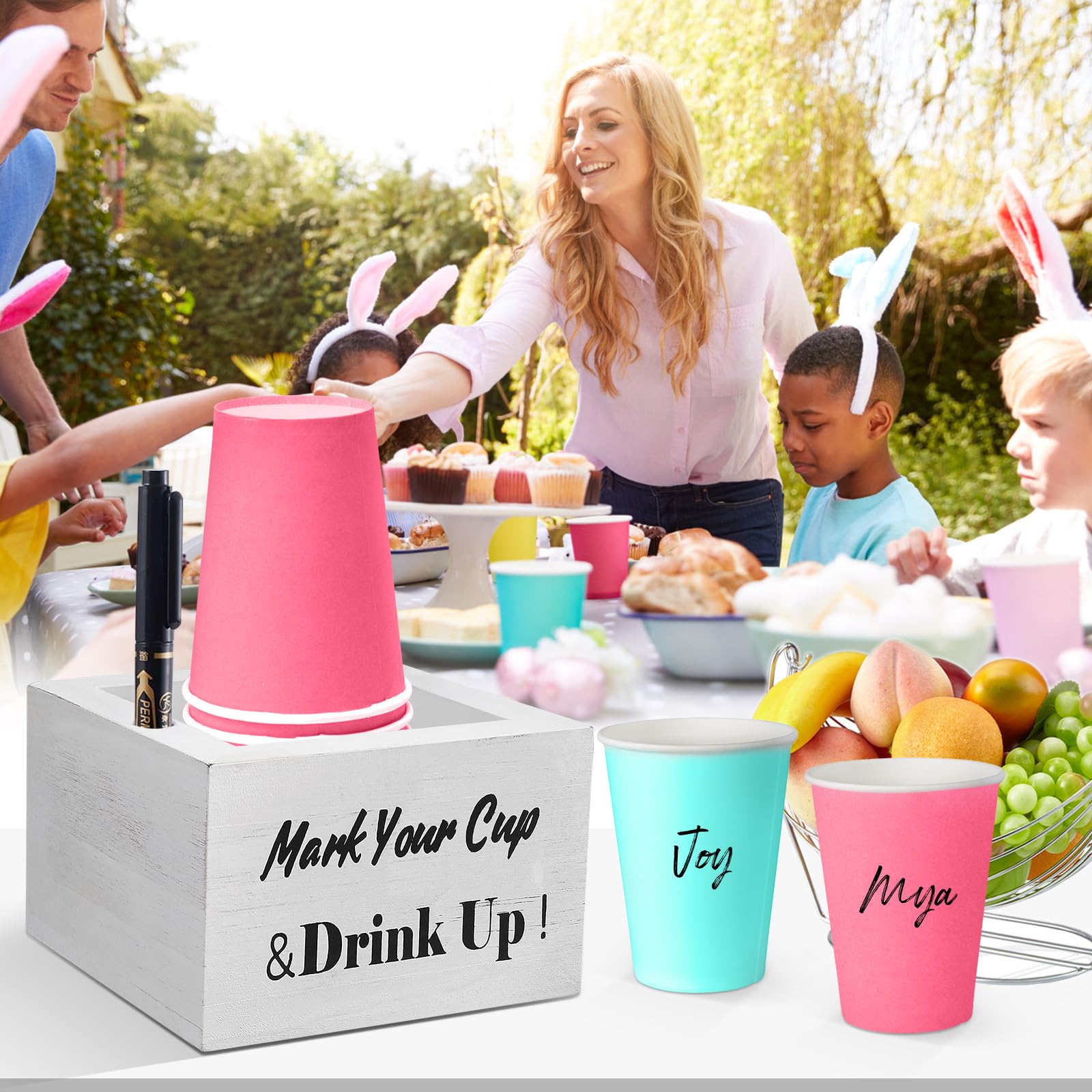 Sllpl Wooden Cup Holder - Party Cup Holder With Marker Slot, Cup Holder For Party And Wedding, Rustic Disposable Cup Holder For